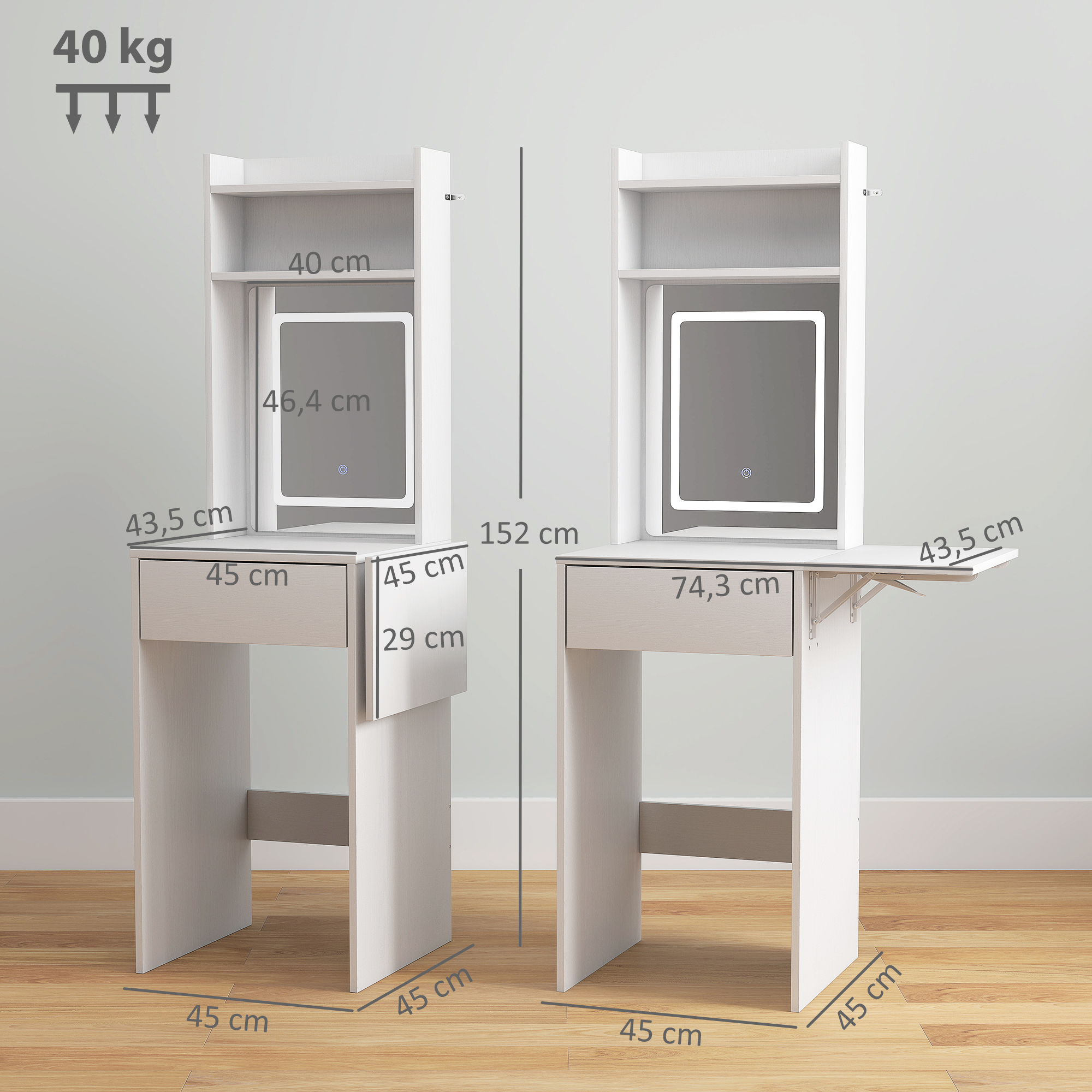 Kompakter Schminktisch mit Spiegel und LED-Beleuchtung, klappbare Tischplatte, offenere Regale, Schublade, MDF, Weiß