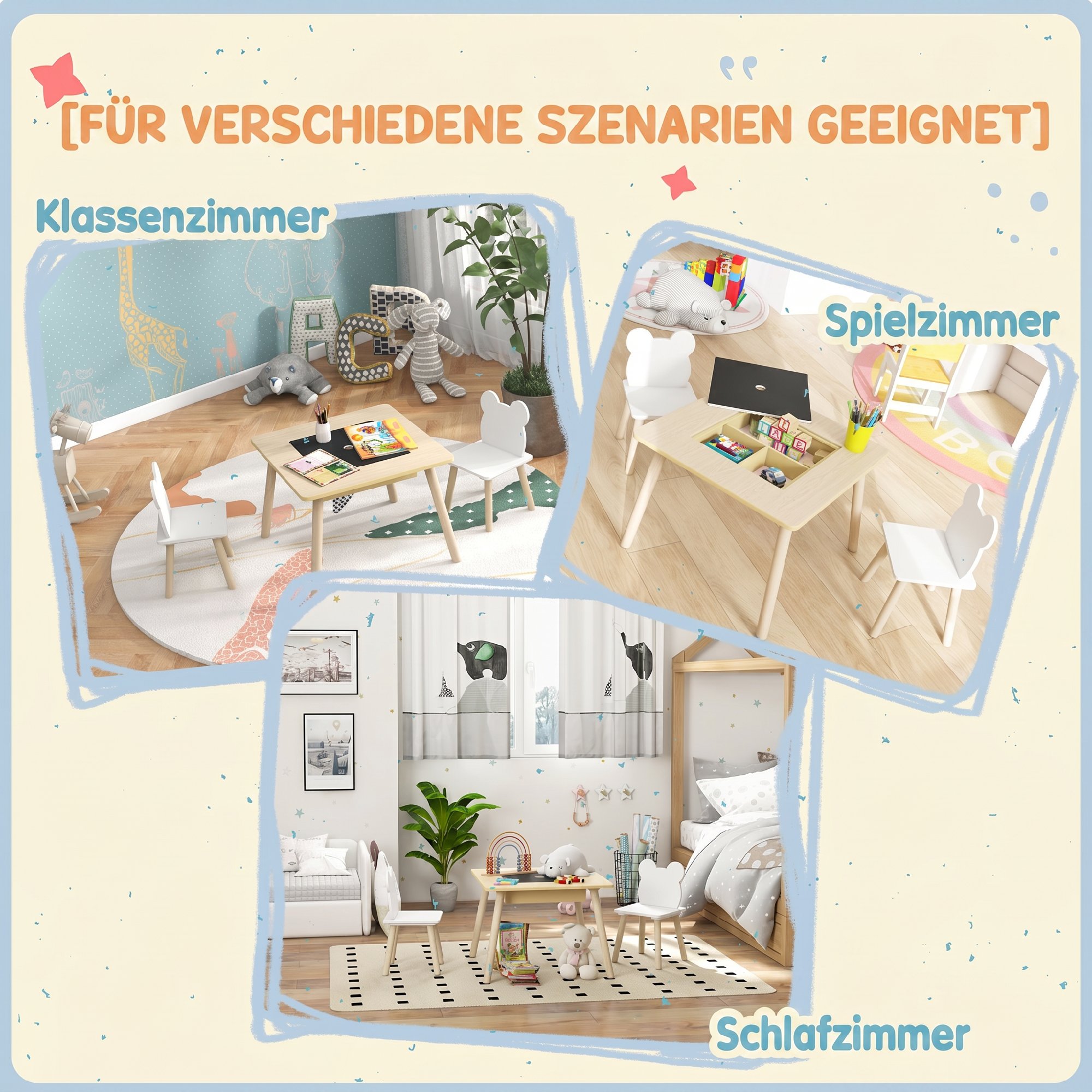 Kindertisch mit 2 Stühlen, Kindersitzgruppe mit Stauraum bärförmiger Rückenlehne für 3-6 Jahre Kinder, Naturholz