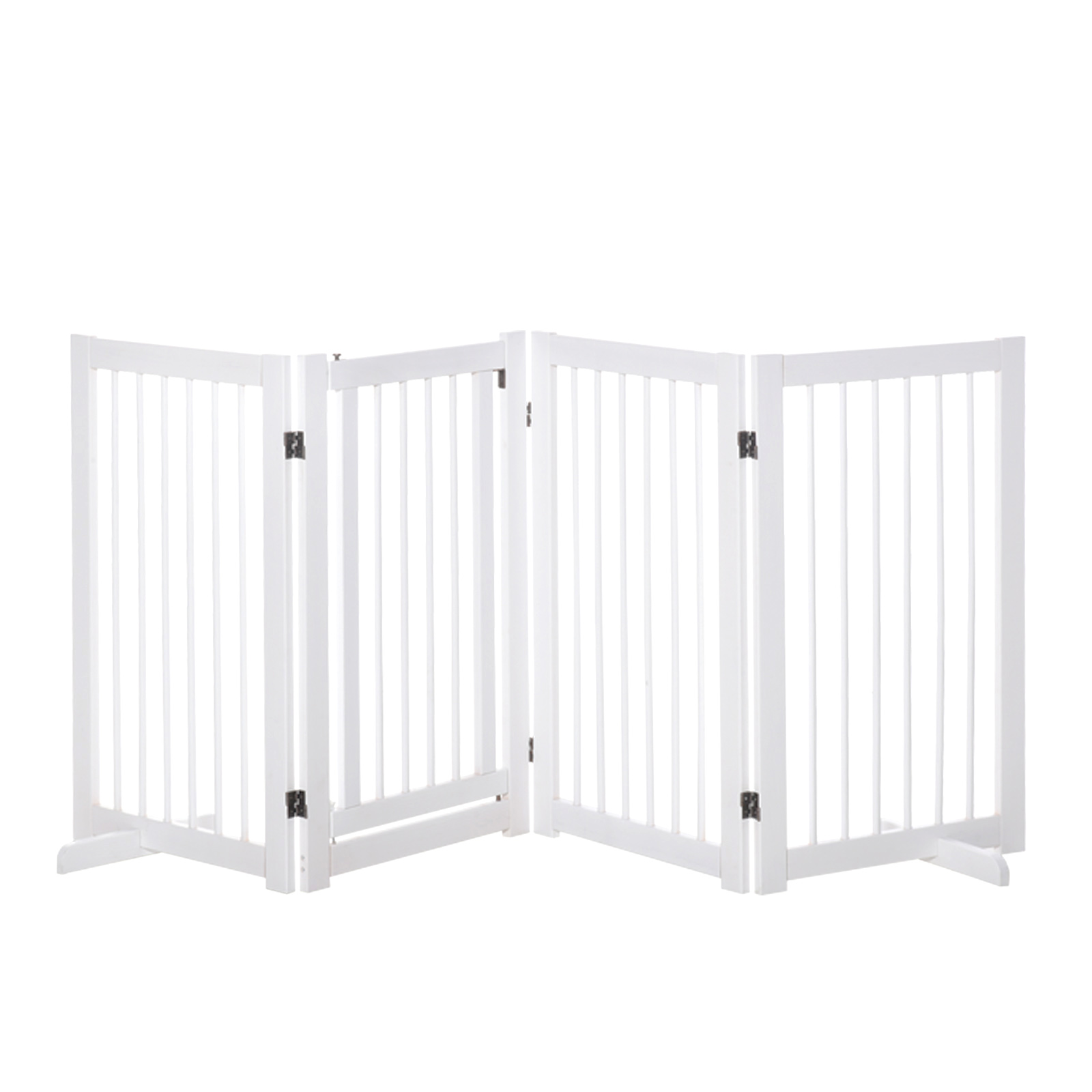 Absperrgitter Hund 4-teilig, 220 x 91 cm Faltbar Türschutzgitter mit Tür, Freistehend Hundegitter mit 2 Stützfüßen, Treppengitter aus Holz für Flur, Küche, Treppe, Weiß