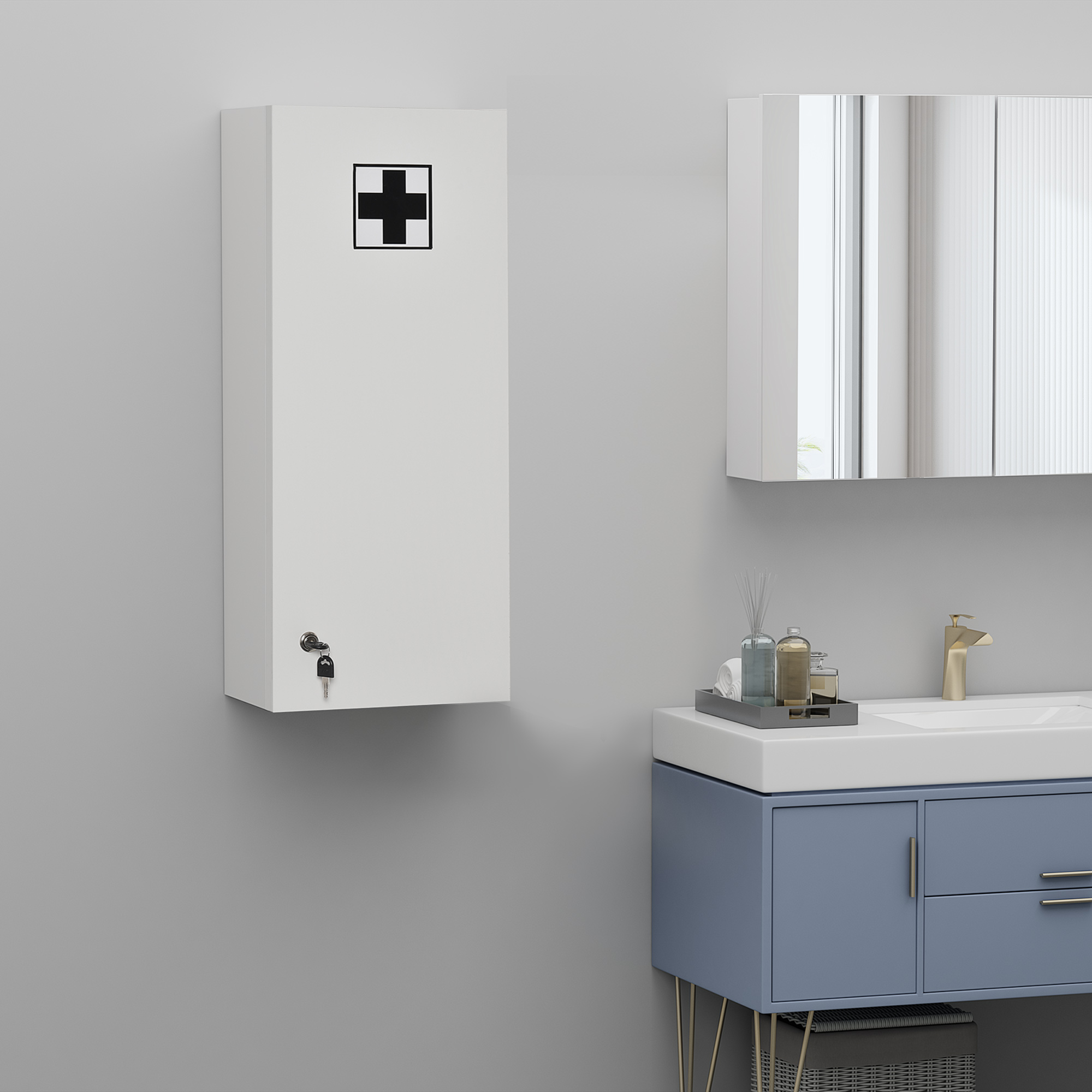 Medizinschrank Arzneischrank Wandschrank Hängeschrank mit verstellbarer Ablage Erste-Hilfe-Kreuz abschließbar für Badezimmer Küche Flur Weiß 30x20x70 cm