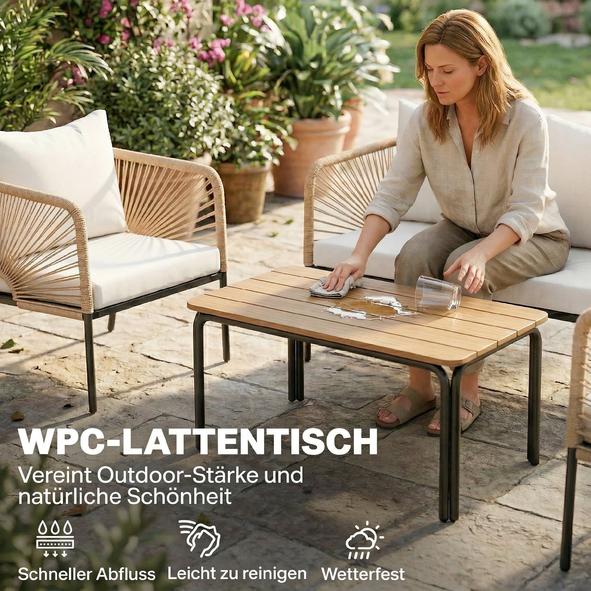 Gartenmöbel Set Sitzgruppe für 4 Personen Gartenlounge mit 2er Sofa 2 Sessel Lamell-Tisch Seilflecht waschbar Sitzkissen