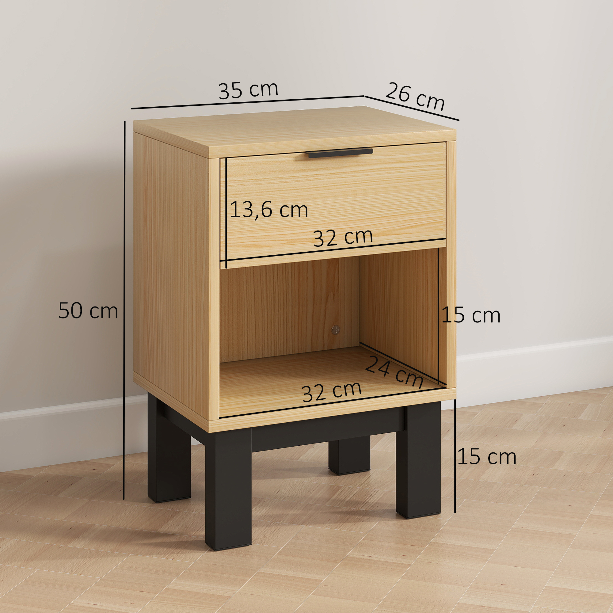 Nachttisch, Nachtschrank mit Schublade, offenes Fach, Nachtkommode für Schlafzimmer, Wohnzimmer, 35 x 26 x 50 cm, Eiche