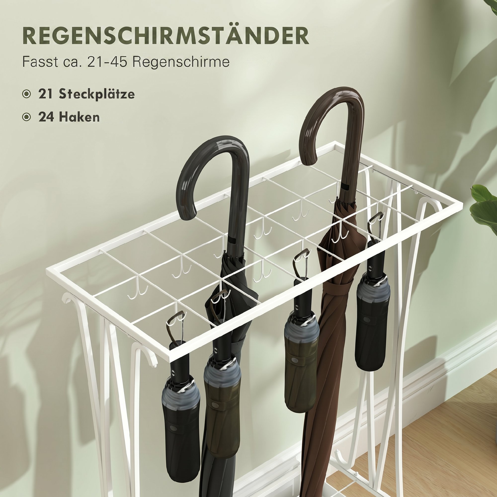 Schirmständer mit herausnehmbarer Tropfwasserschale, Regenschirmständer mit 21 Öffnungen und 24 Haken, Stahl, Weiß