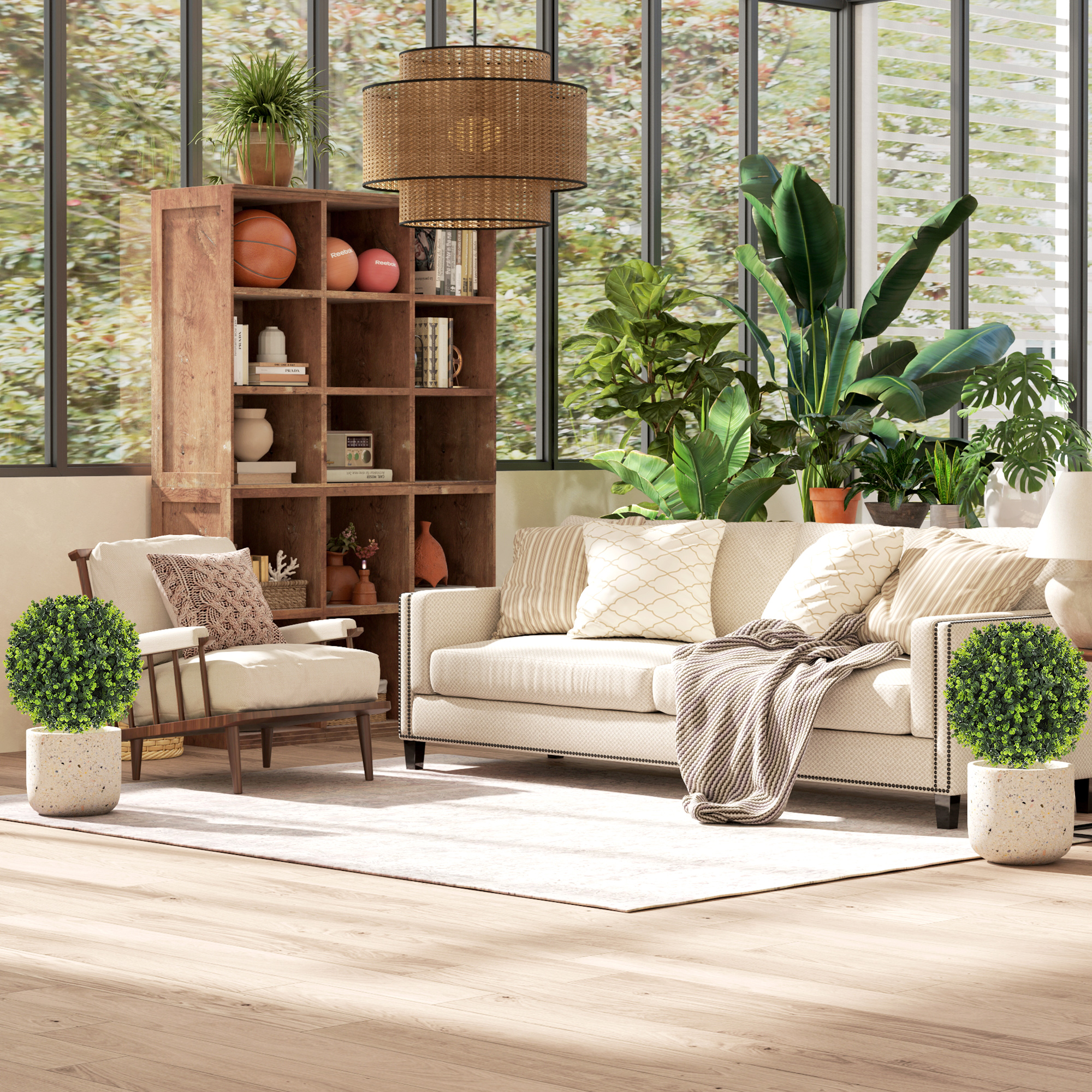 2er-Set Kunstpflanzen, Künstliche Buchsbaumkugeln mit Bodenpfahl, für drinnen und draußen, UV-beständig, Grün