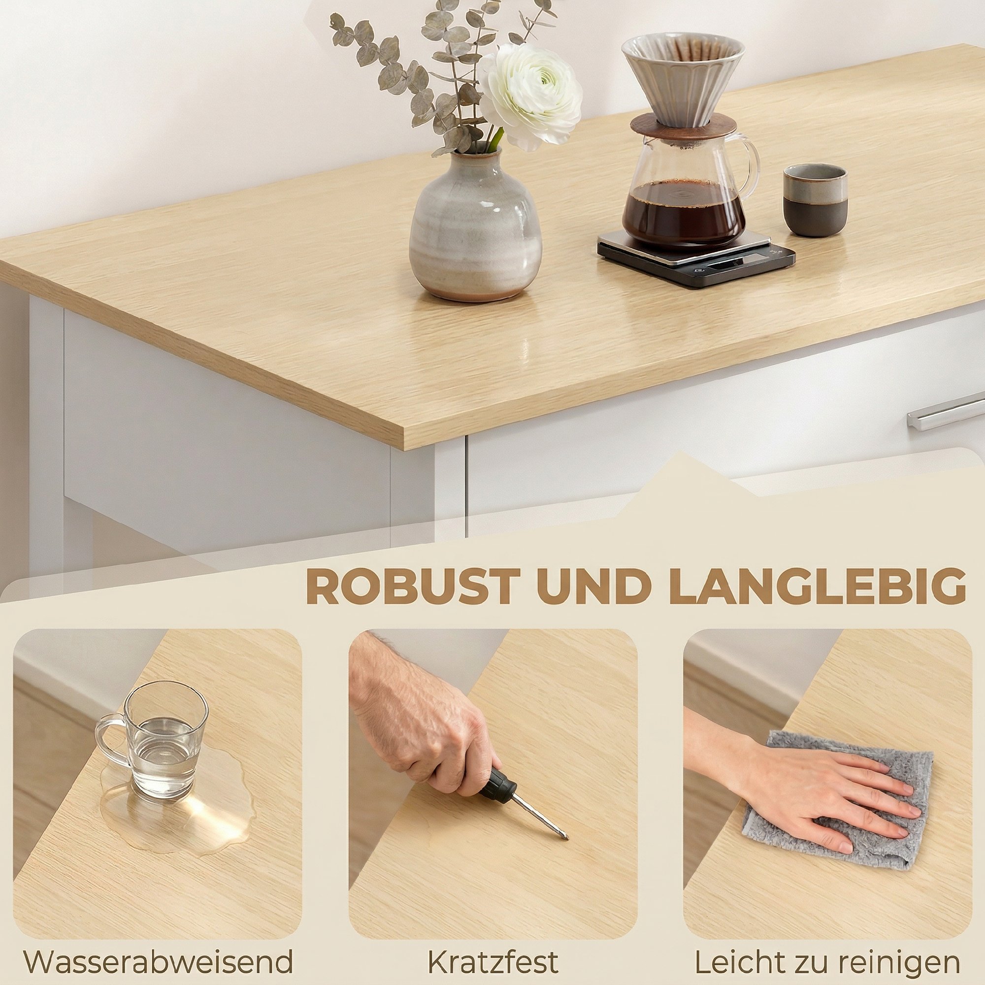 Küchenwagen mit Stauraum, Rollende Kücheninsel mit großer Arbeitsplatte, Schublade, 2 offenen Regalen, Handtuchhalter, Weiß