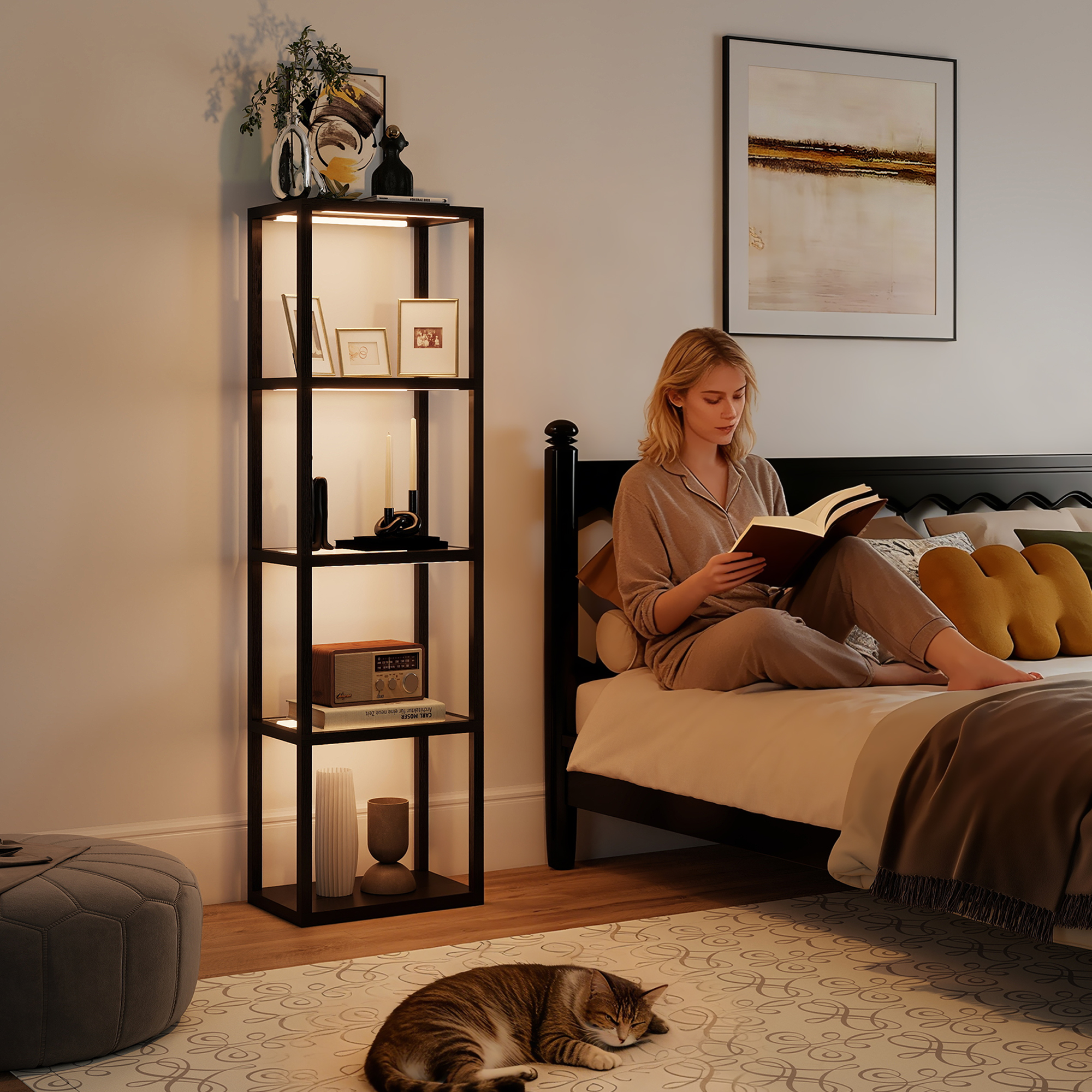 RGB Stehlampe mit Glasregalen, 4-Ebenen-LED-Stehleuchte mit Fernbedienung, Musiksynchronisation, Schwarz