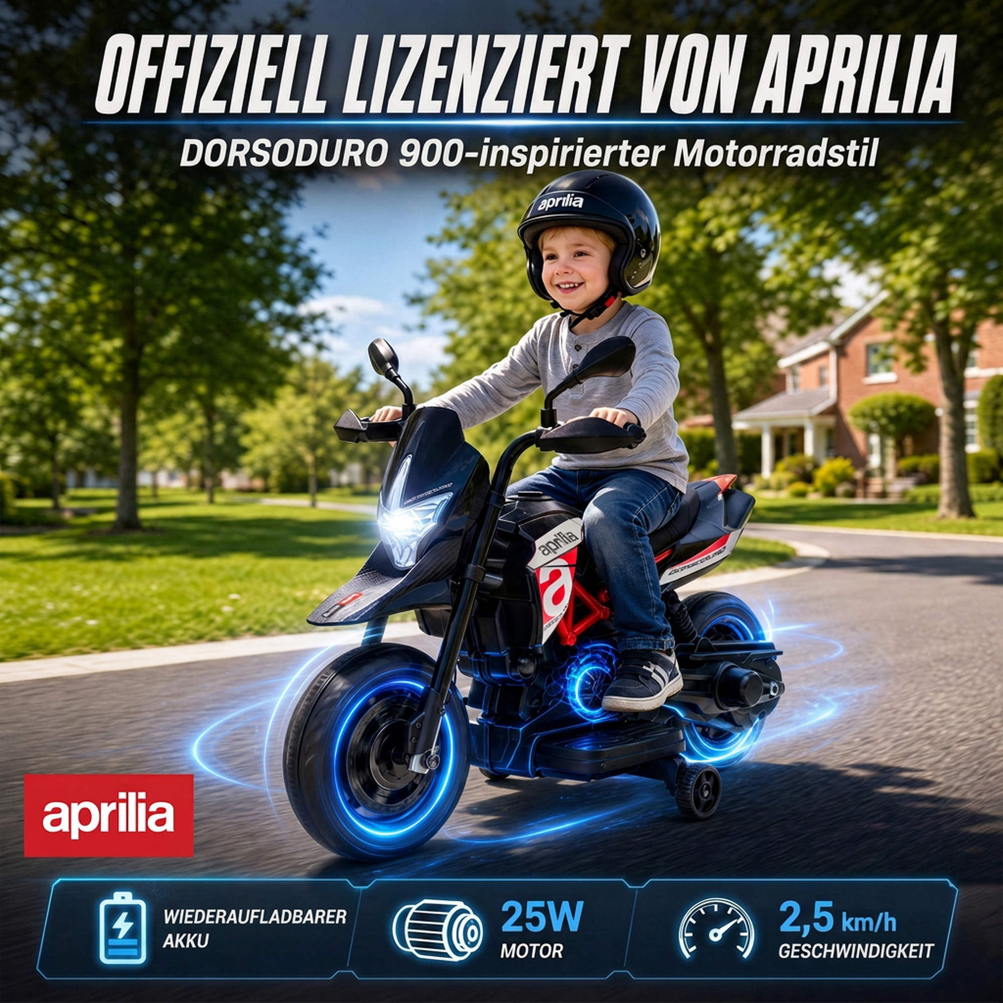 Elektro Motorrad Kinder APRILIA 6 V Elektromotorrad mit Lithium Akku 25W Motor 30° Lenkbegrenzung abnehmbar Stützrädern