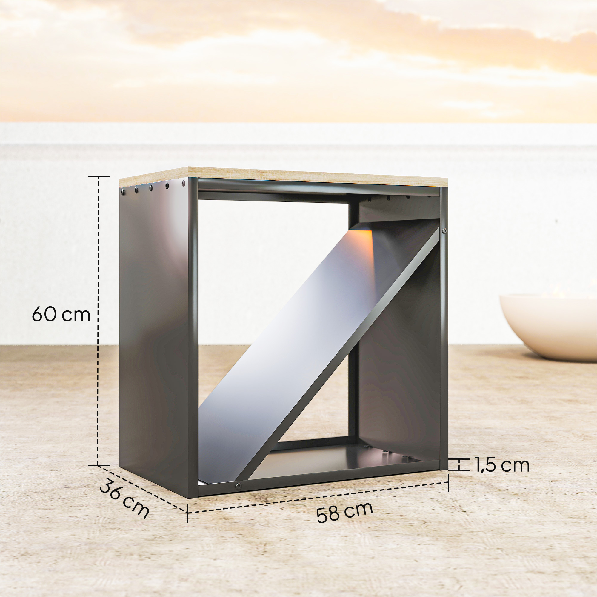 2-in-1 Kaminholzregal für innen 58 x 36 x 60cm erhöhtes Brennholzregal mit Trenner Metall Schwarz