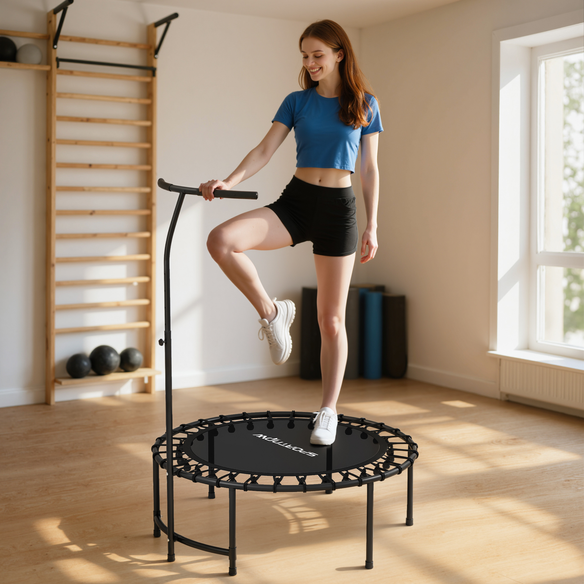 Rebounder-Trampolin, 5-stufig verstellbarer Griff, Workout-Trampolin, Schwarz