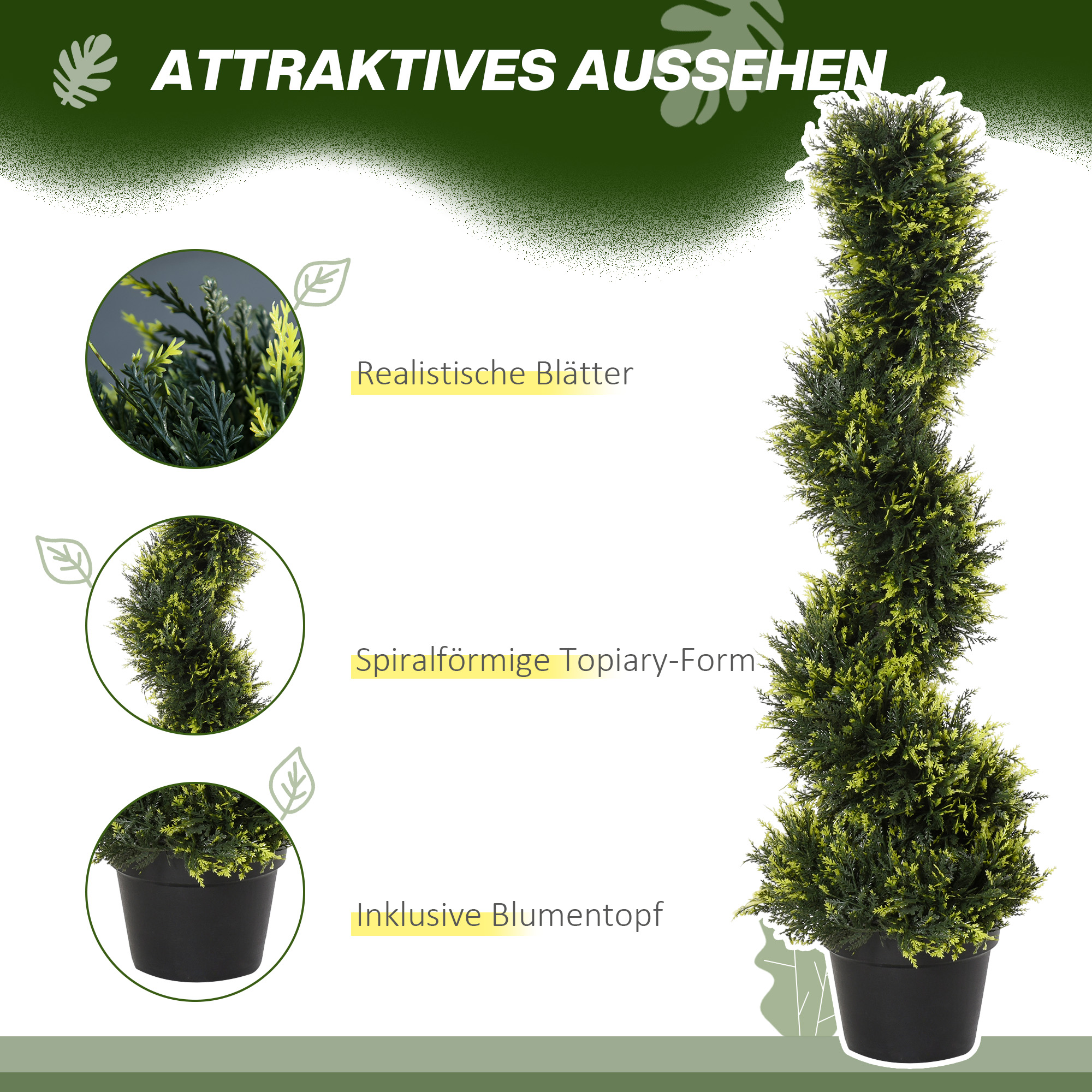 Künstliche Spiralpflanze, Spiral-Zedernbaum mit Topf, 90 cm, künstliche Zeder für Außen- und Innendekoration, Grün
