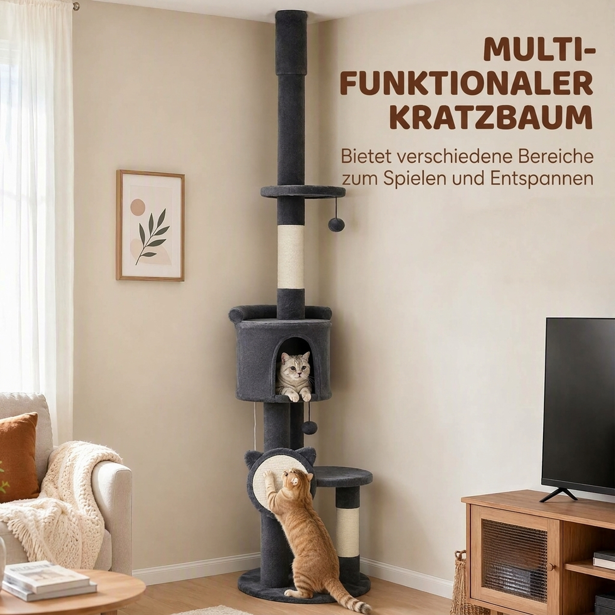 Kratzbaum Deckenhoch 225–255 cm höhenverstellbar Katzenbaum mit 5 Etagen Sisal-Kratzstämmen, Kratzbrett Hängematte