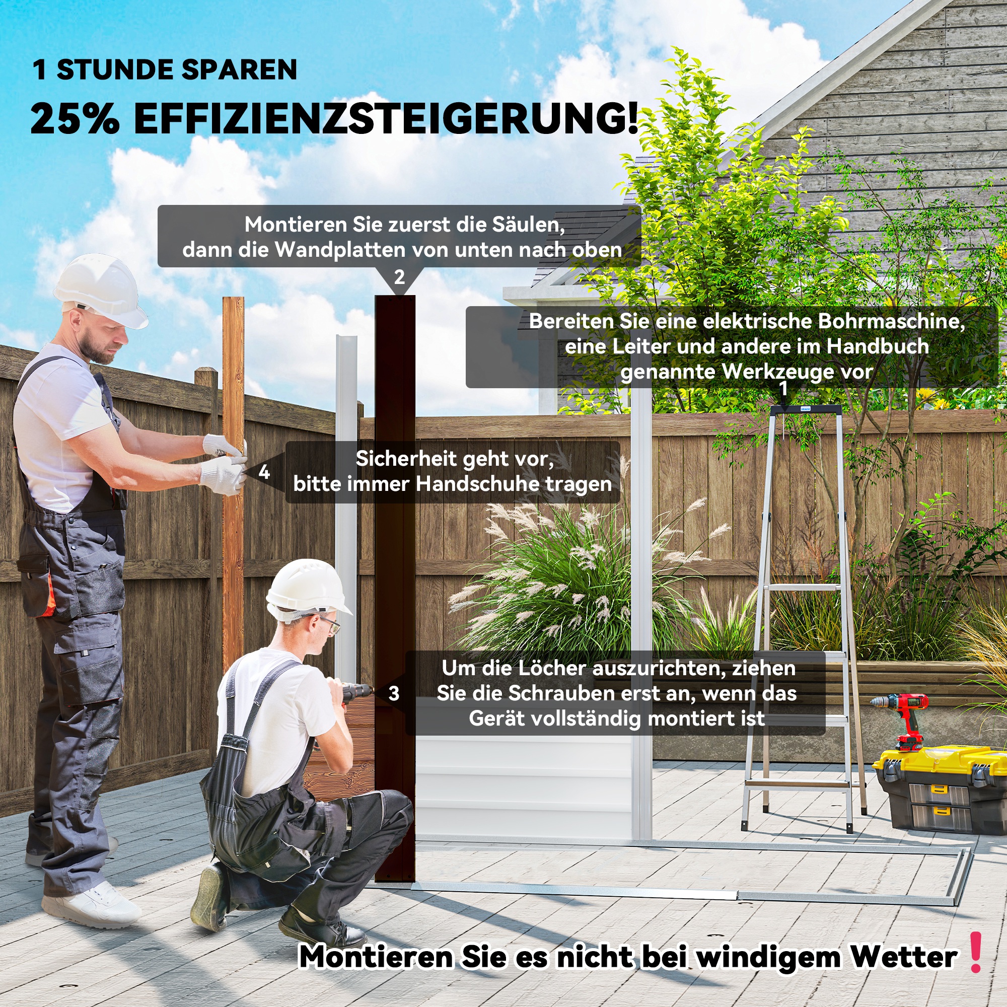 Gartenschuppen, Geräteschuppen, Gartenhaus mit Fenster, wetterfest, Holzoptik, Stahl, 152 x 235,7 x 208,7 cm, Braun