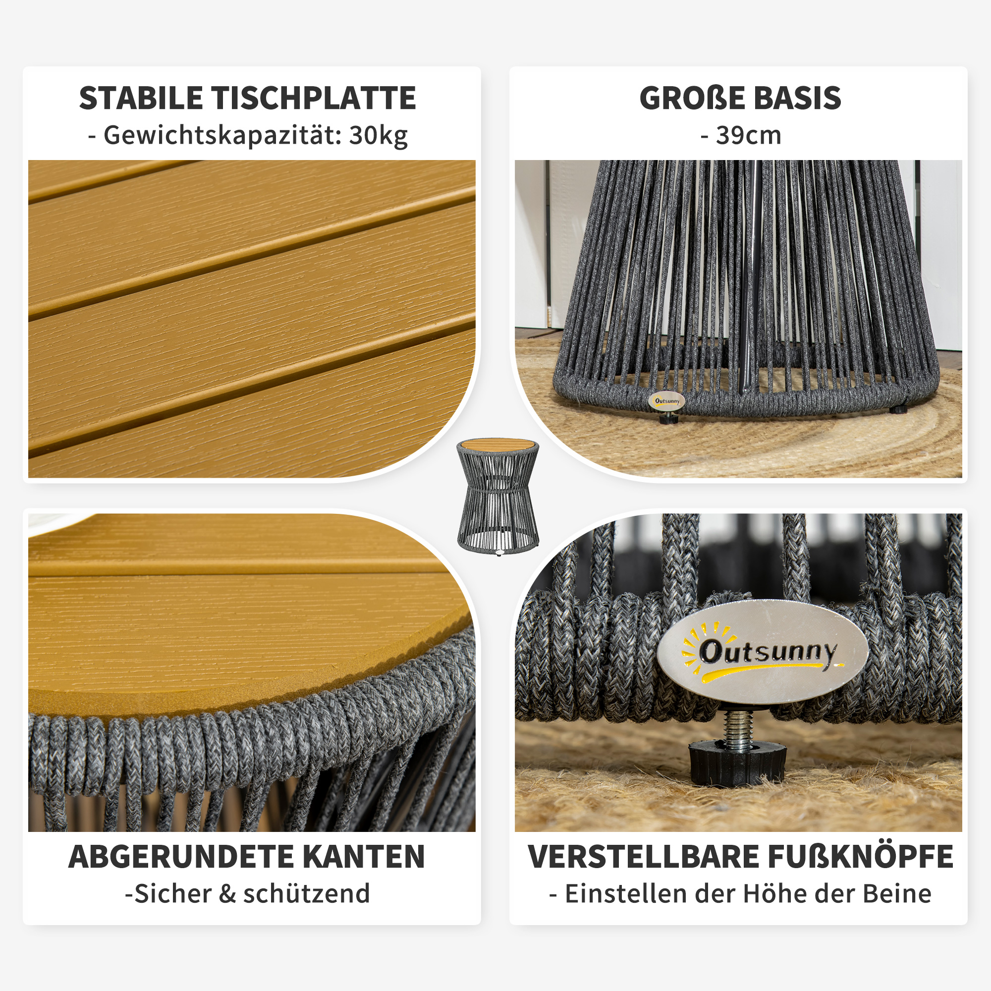 Gartentisch im Boho-Stil, wetterbeständig, PE-Rattan, 39 cm x 39 cm x 49 cm, Schwarz + Natur