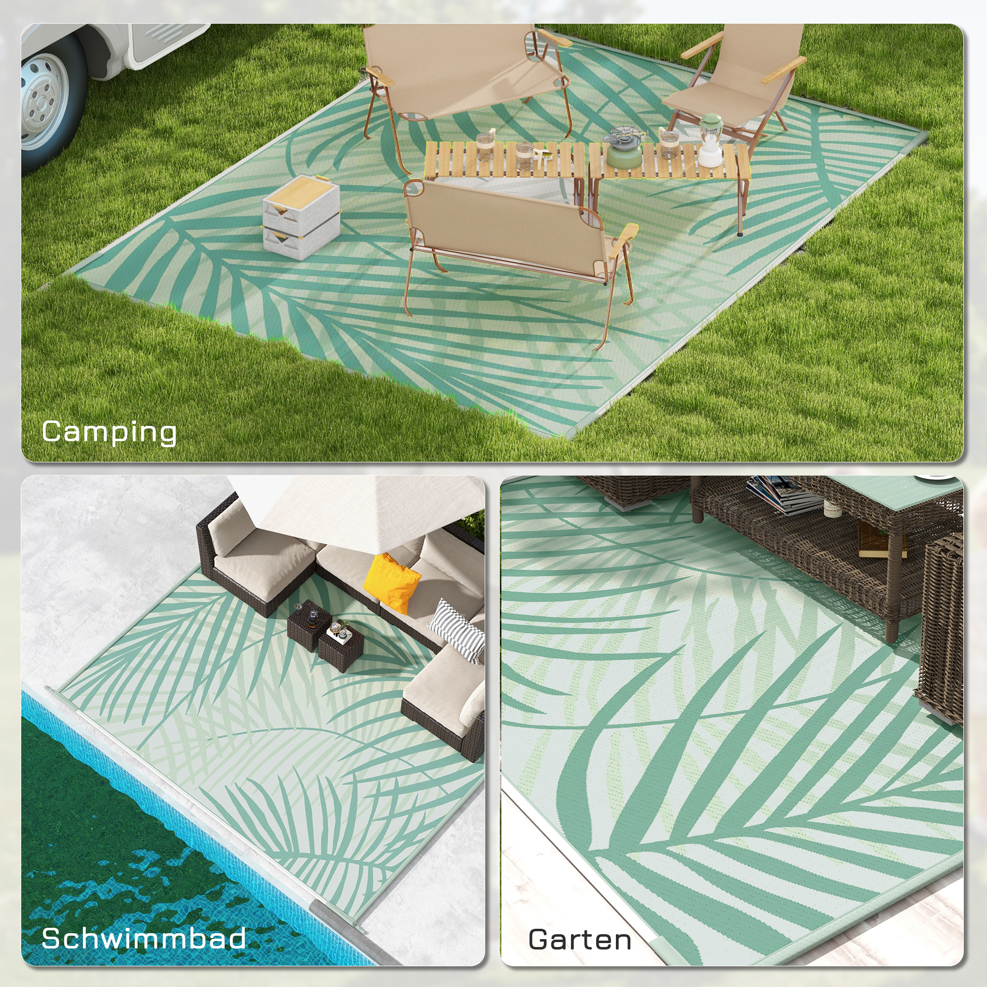 Outdoorteppich Terrassenteppich, wetterbeständig, modernes Design, 365 cm x 274 cm x 0,3cm, Grün + Creme