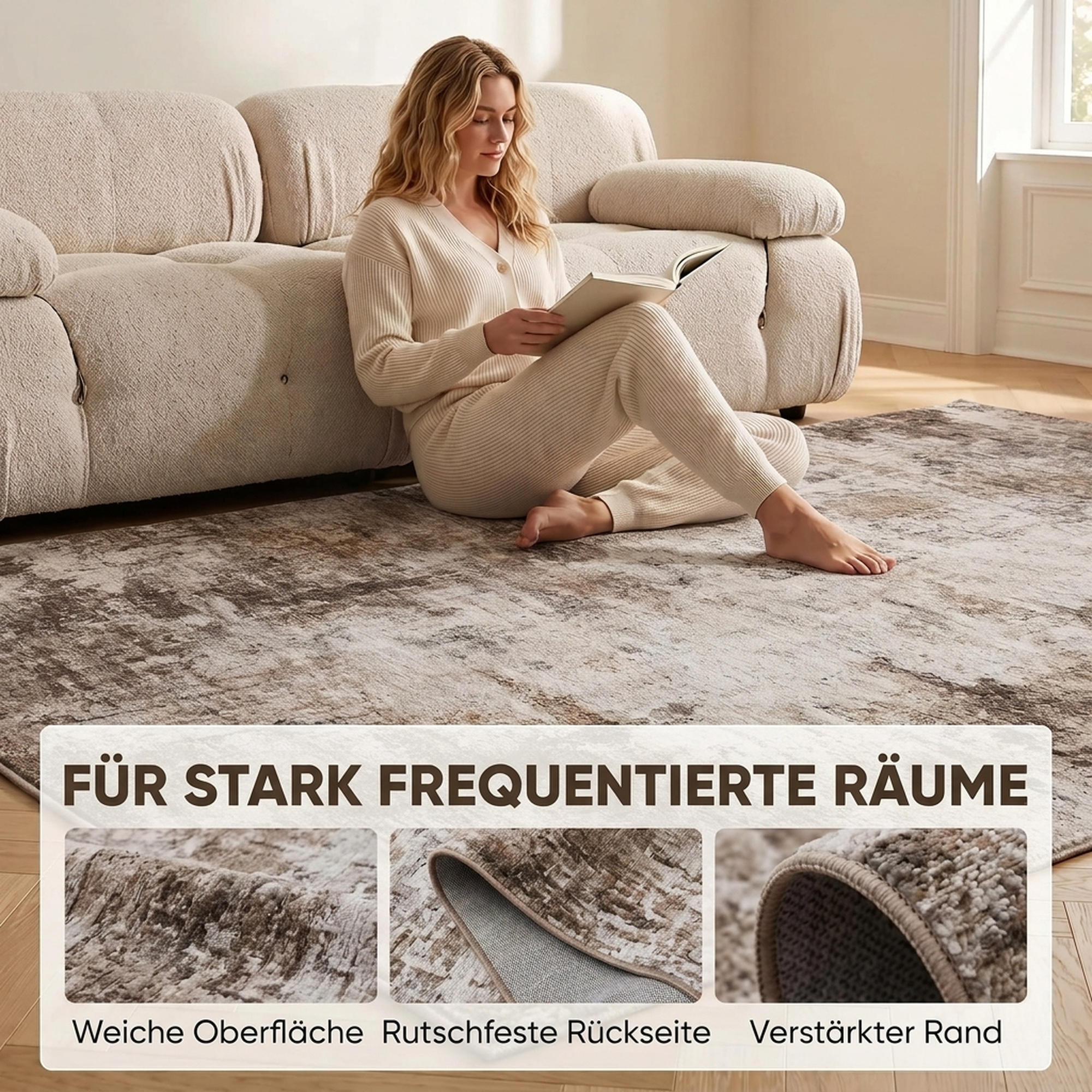 Wohnzimmerteppich, Polyester, modernes künstlerisches Muster, waschbar, Braun