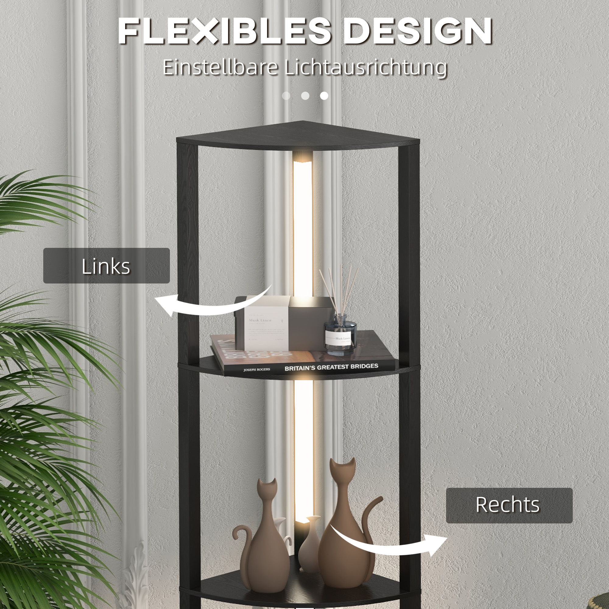 LED Standleuchte, Eckregal, dimmbar, 4 Ablagen, warmweißes Licht, 41x30x164cm, Schwarz