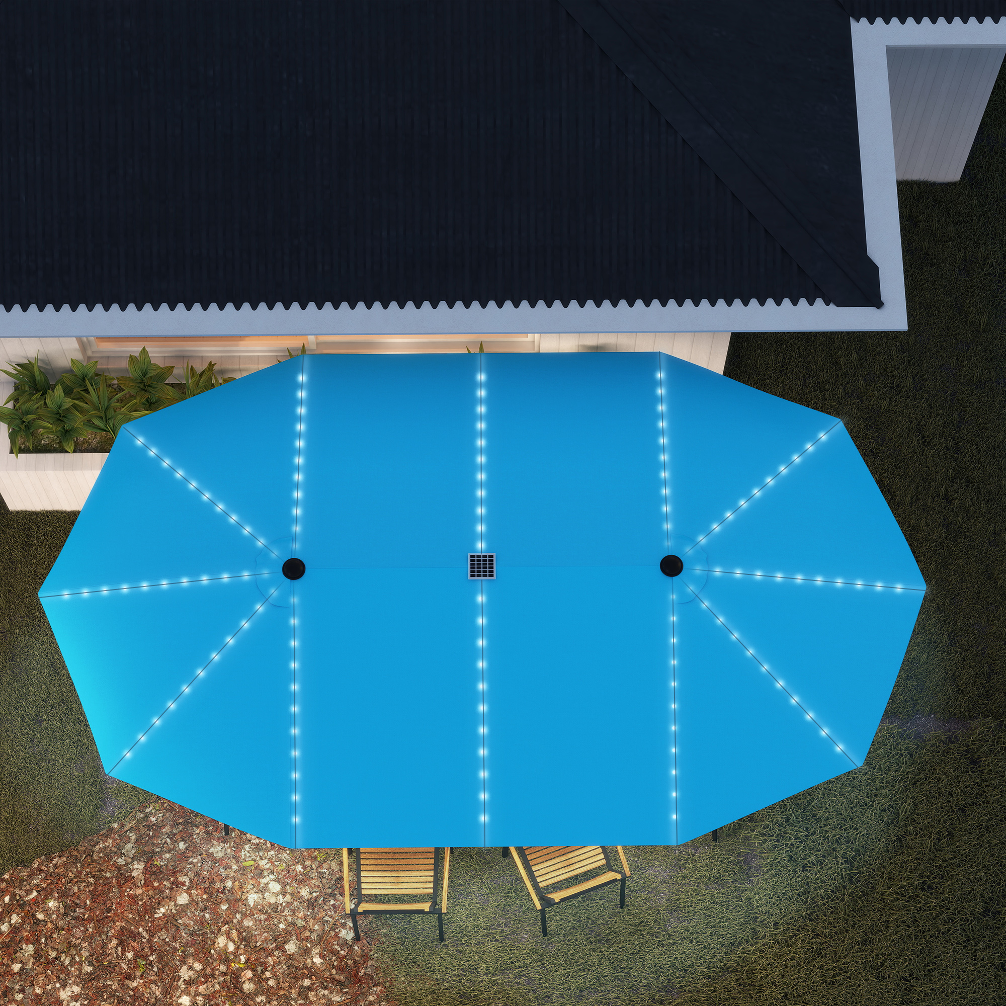 Doppelschirm mit Solar-Lichtern, Aluminium, Polyester, UPF50+ Schutz, UV-beständig, Terrassenschirm, Blau