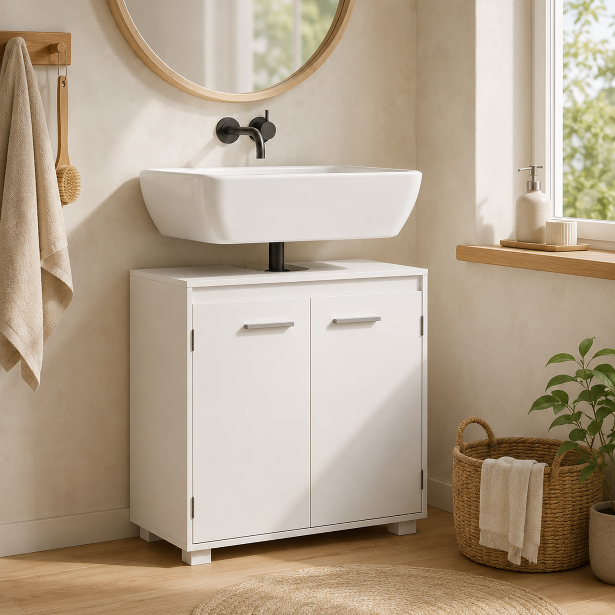 Waschbeckenunterschrank, Modernes freistehendes Badmöbel mit U-förmiger Aussparung, verstellbarem Regal, Weiß