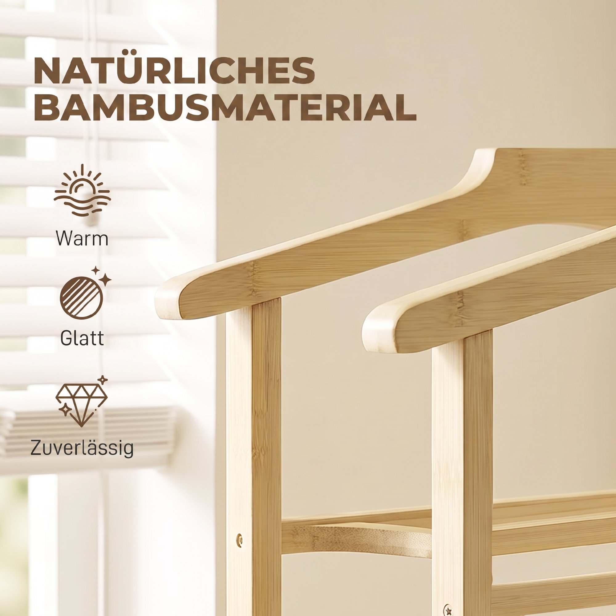 Bambus-Kleiderständer auf Rollen, kompakt, mit Bügeln, Hängestangen, Ablage und unterem Regal, Eichenoptik