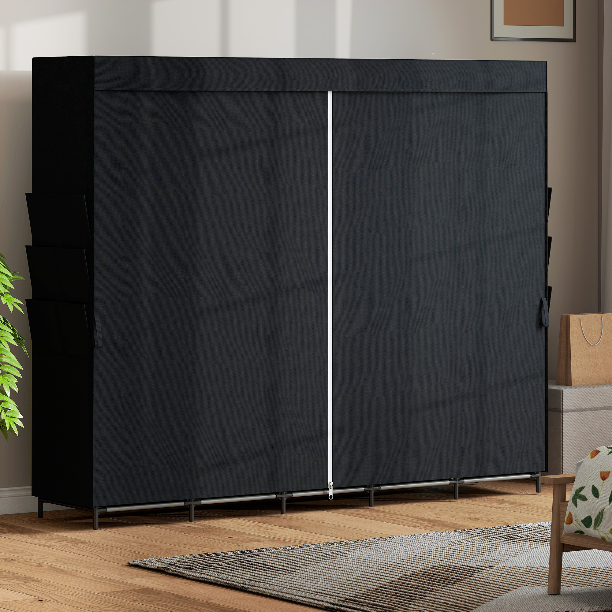 Stoff-Kleiderschrank, staubdicht, tragbar, 5 Kleiderstangen, 212 x 45 x 167 cm, Schwarz