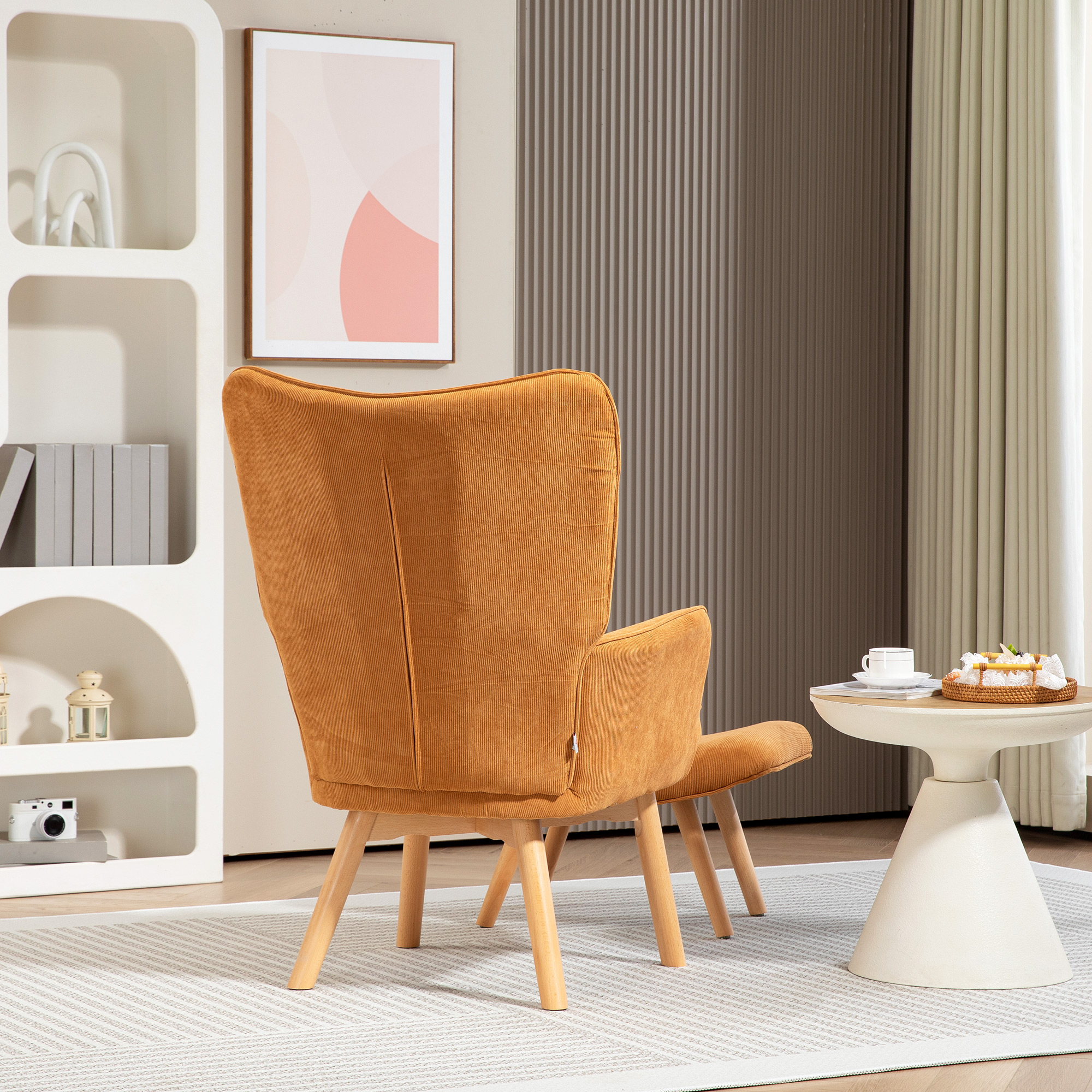 Akzentsessel mit Hocker, Relaxsessel in Cord-Optik, Armlehnstuhl mit Holzbeinen, für Wohnzimmer, Braun