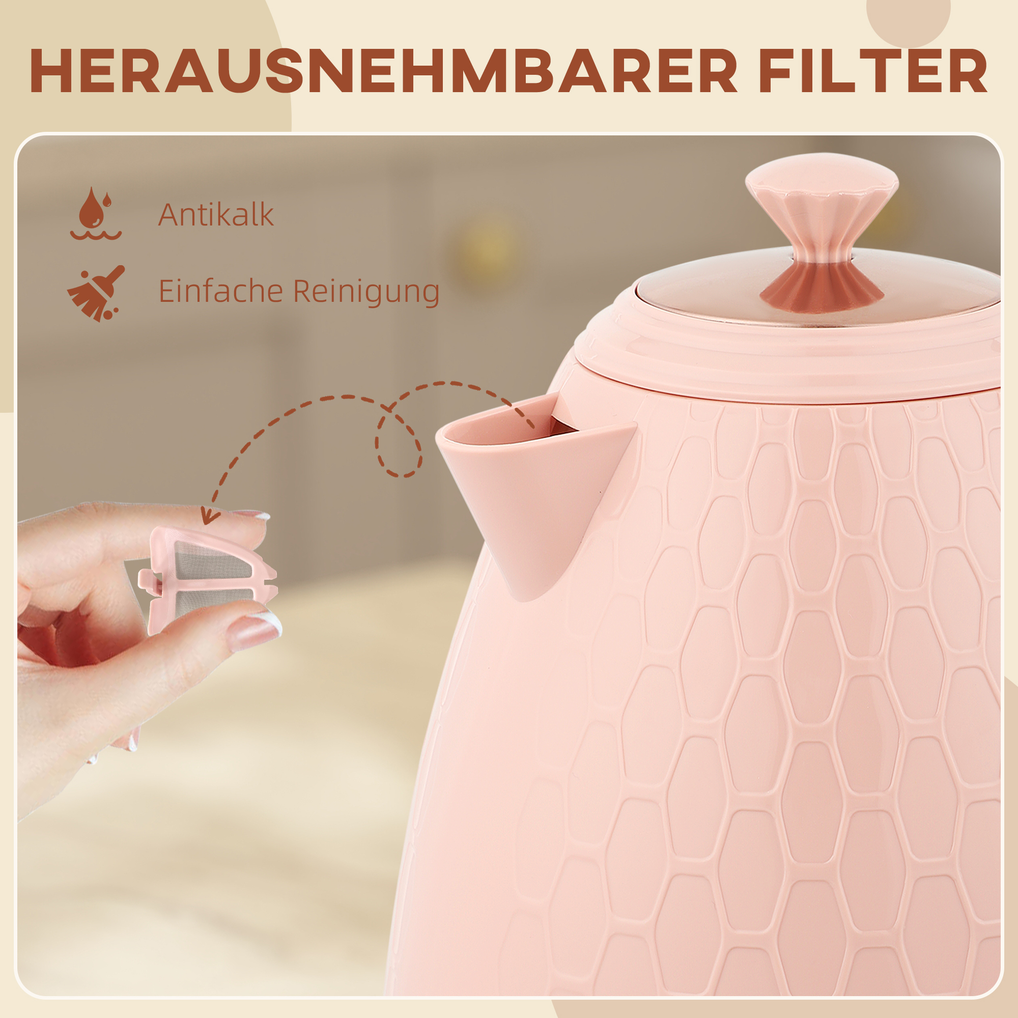 Elektrischer Wasserkocher, 1,7L, Schnellkochfunktion, 2,2kW, Kabellos mit herausnehmbarem Anti-Kalk-Filter, Hellrosa