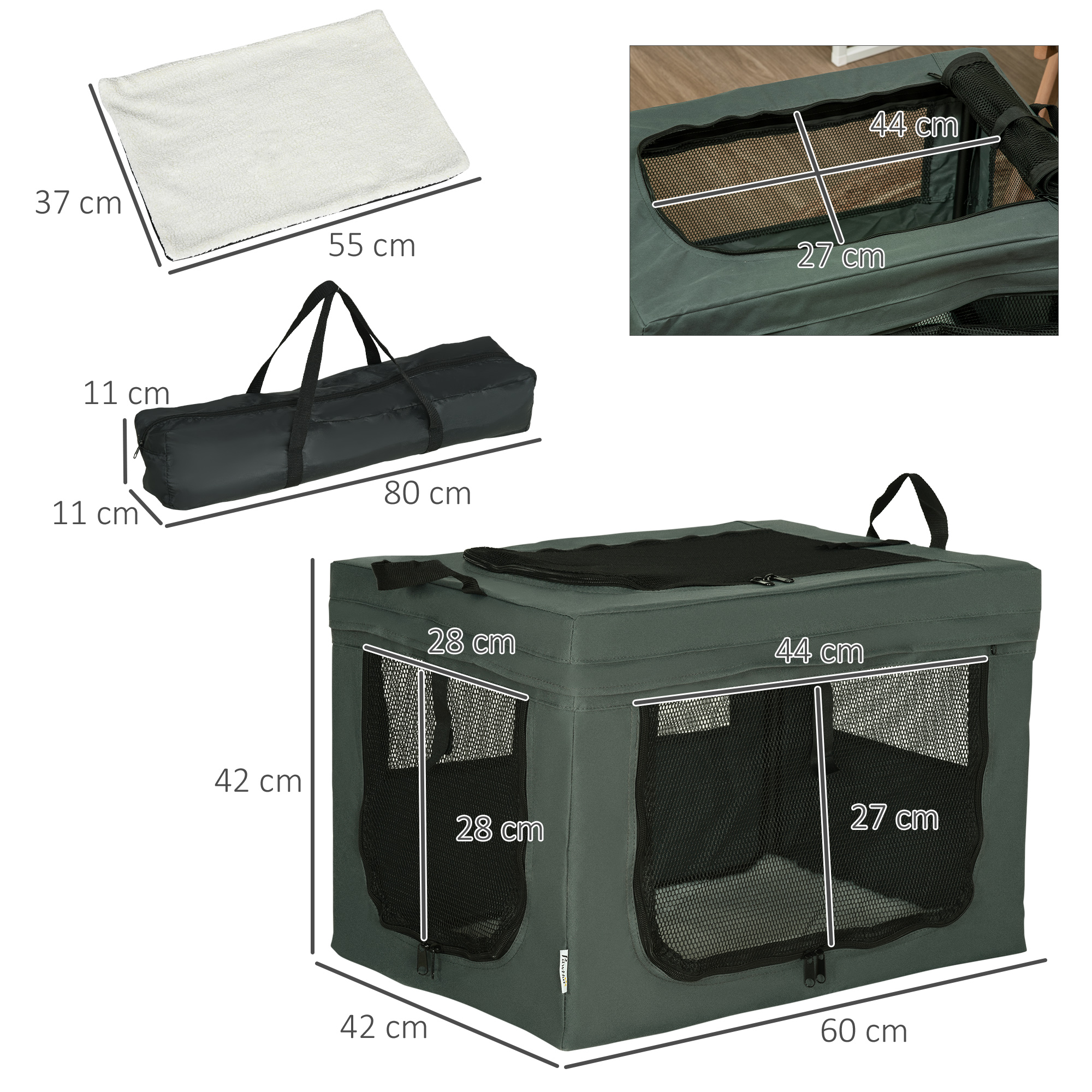 Transportbox, faltbar, 3 Eingänge, Innenkissen, für Hunde und Katzen bis 4 kg/40 cm, grau