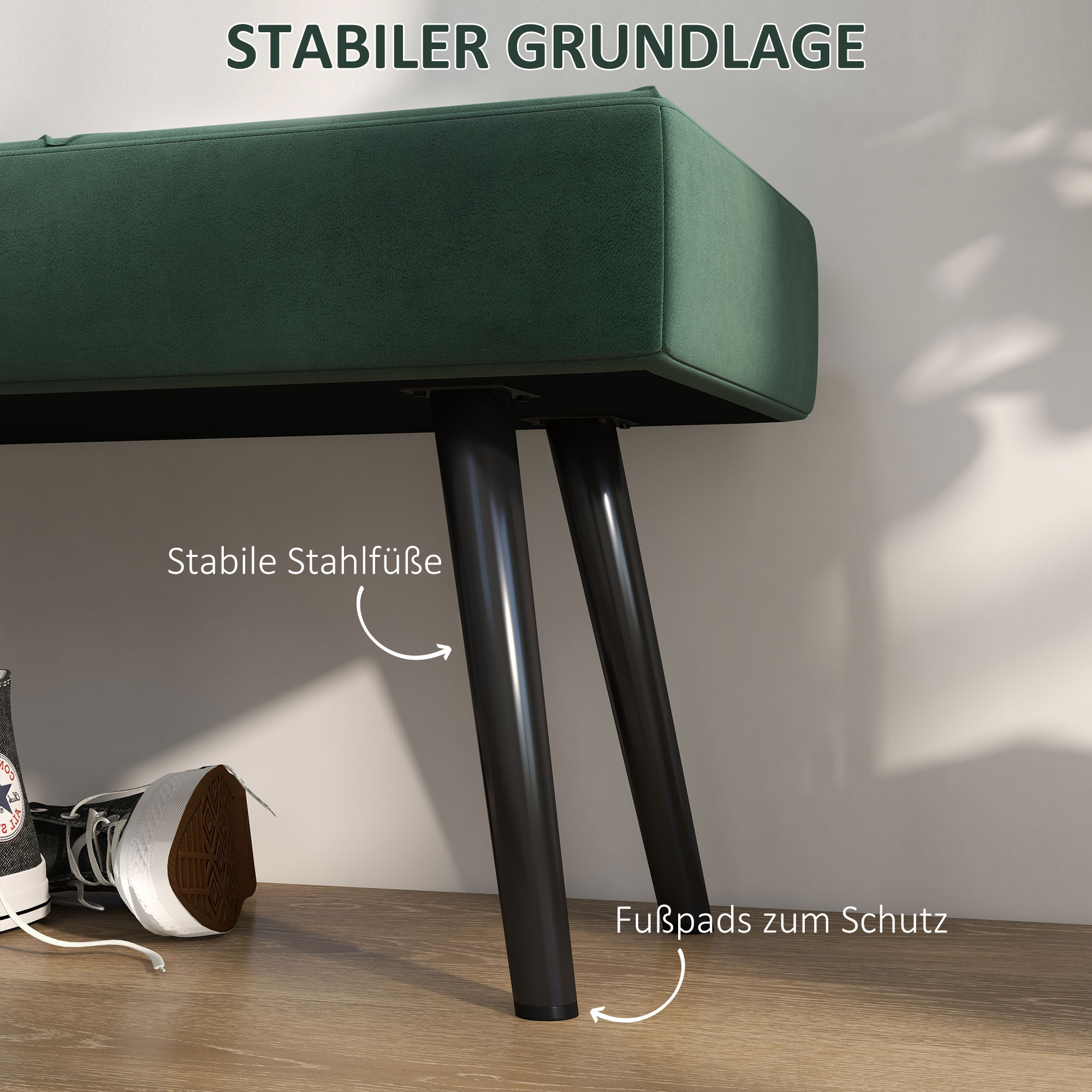 Sitzbank Polsterbank Bettbank, Samtoptik, 100 x 36 x 45 cm, Grün