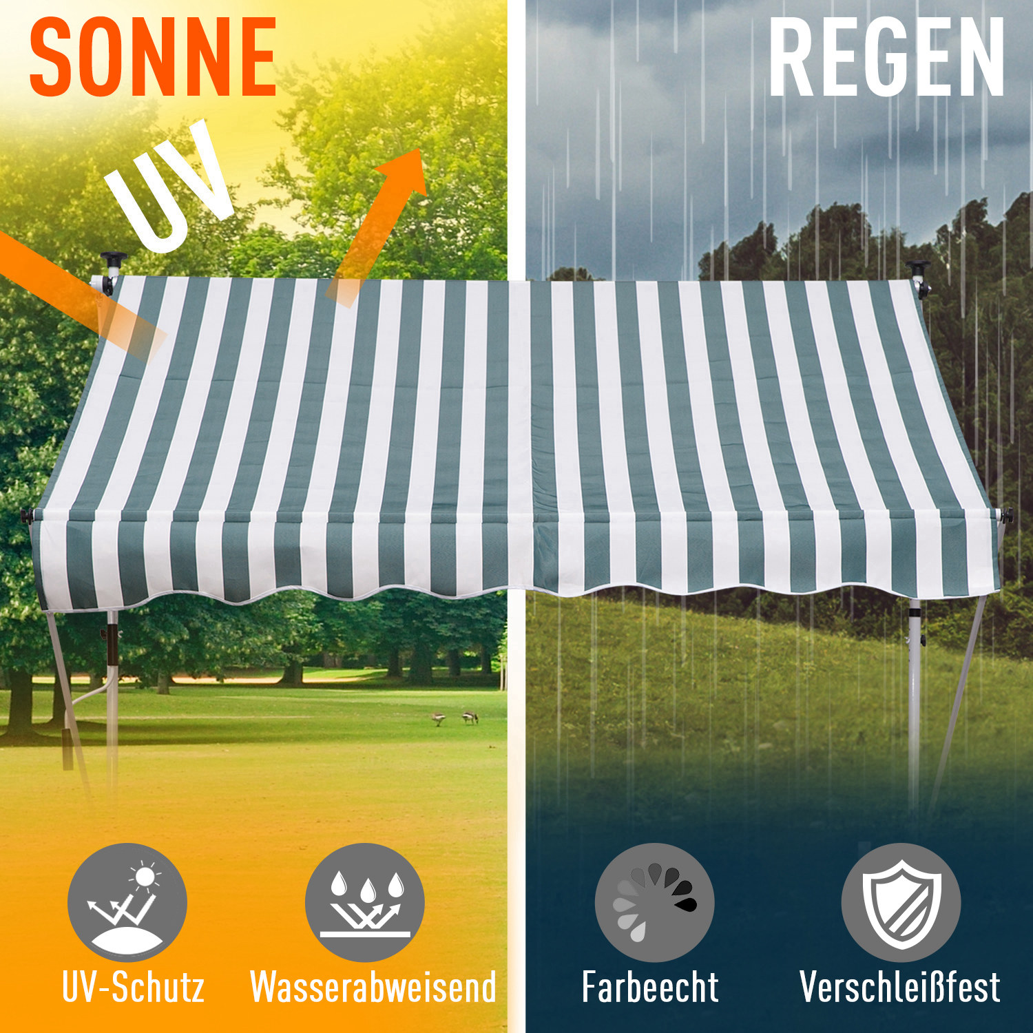 Klemmmarkise mit Handkurbel höhenverstellbar Gelenkarmmarkise schmutzabweisend, witterungsbeständig Balkonmarkise 150cm breit Terrassenmarkise für Terrasse Balkon Veranda Grün