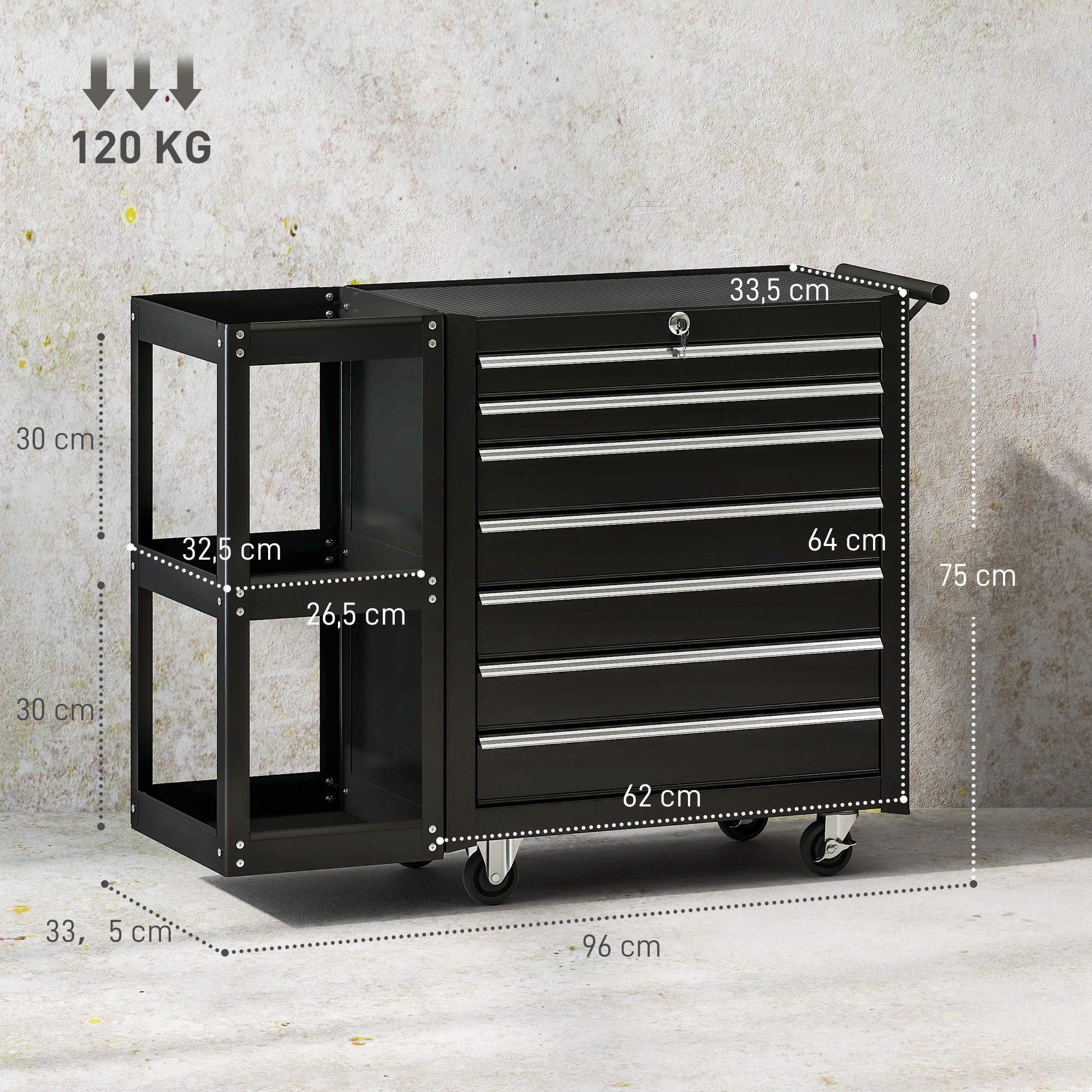 Werkstattwagen Werkzeugwagen mit 7 Schubladen abnehmbar Seitenregal 4 Rollen mit Feststellbremse, 96x33,5x75cm, Schwarz