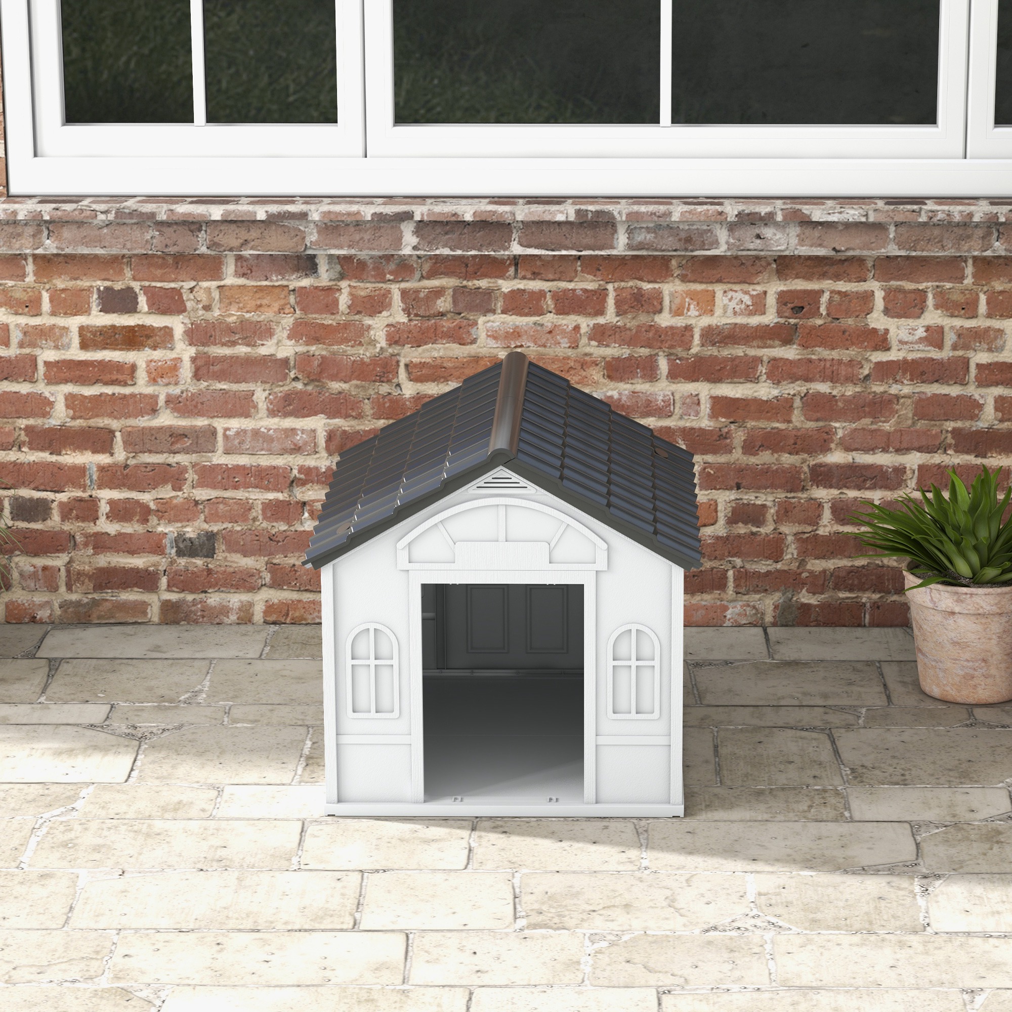 Hundehütte mit Satteldach, wetterfest, Kunststoff, 65 x 75,7 x 63 cm, Grau