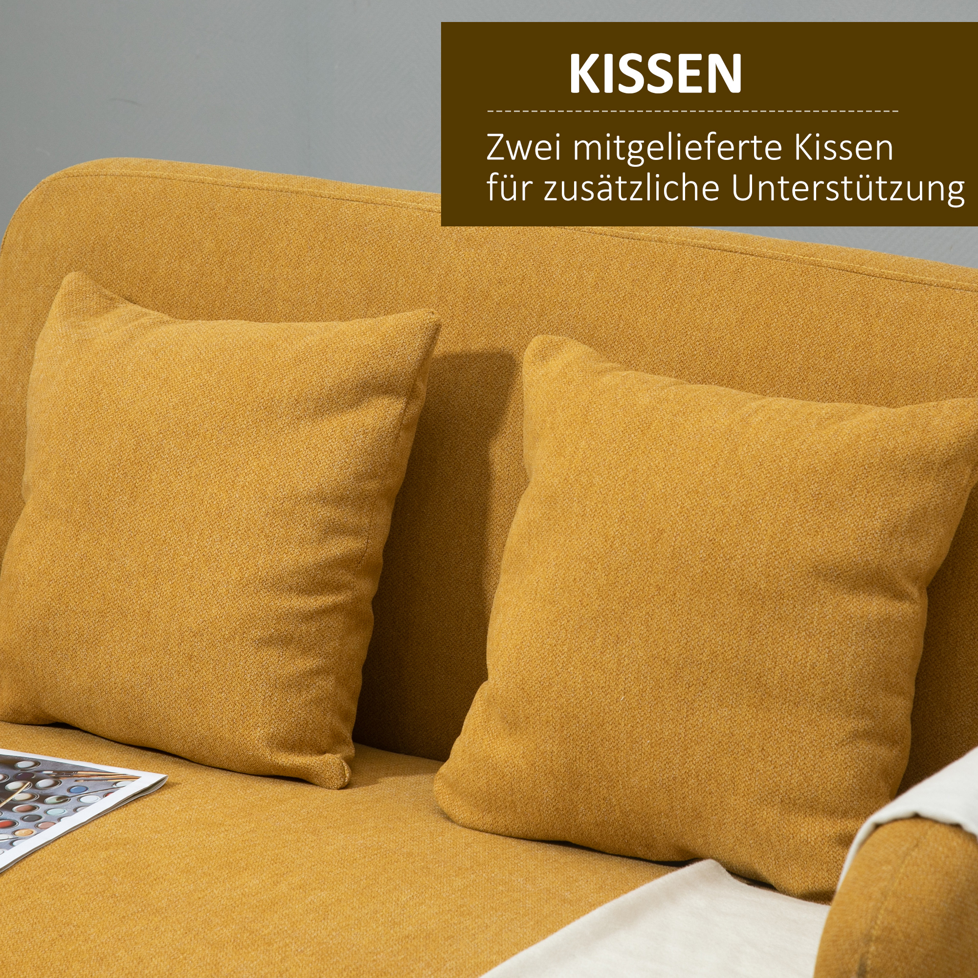 Sofa 2 Sitzer Couch mit 2 Wurfkissen, Kleine Loveseat mit Samtopik Modern Polstersofa für Wohnzimmer, Schlafzimmer, kleinen Raum, Gelb 130 x 70 x 80 cm