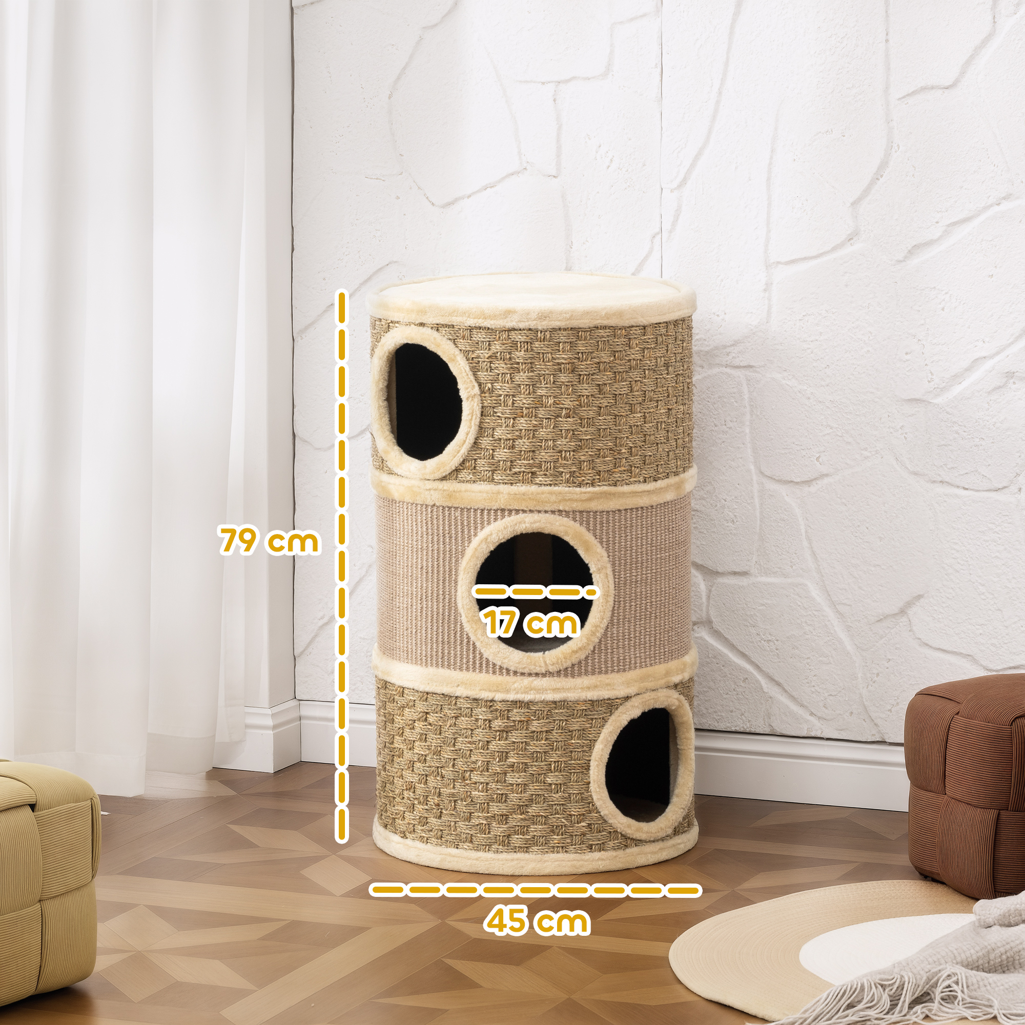 Kratztonne, 79 cm hoch, Ø45 cm, dreistöckige Katzentonne mit Sisalseil, Katzenhöhle, für große Katzen, Khaki+Braun
