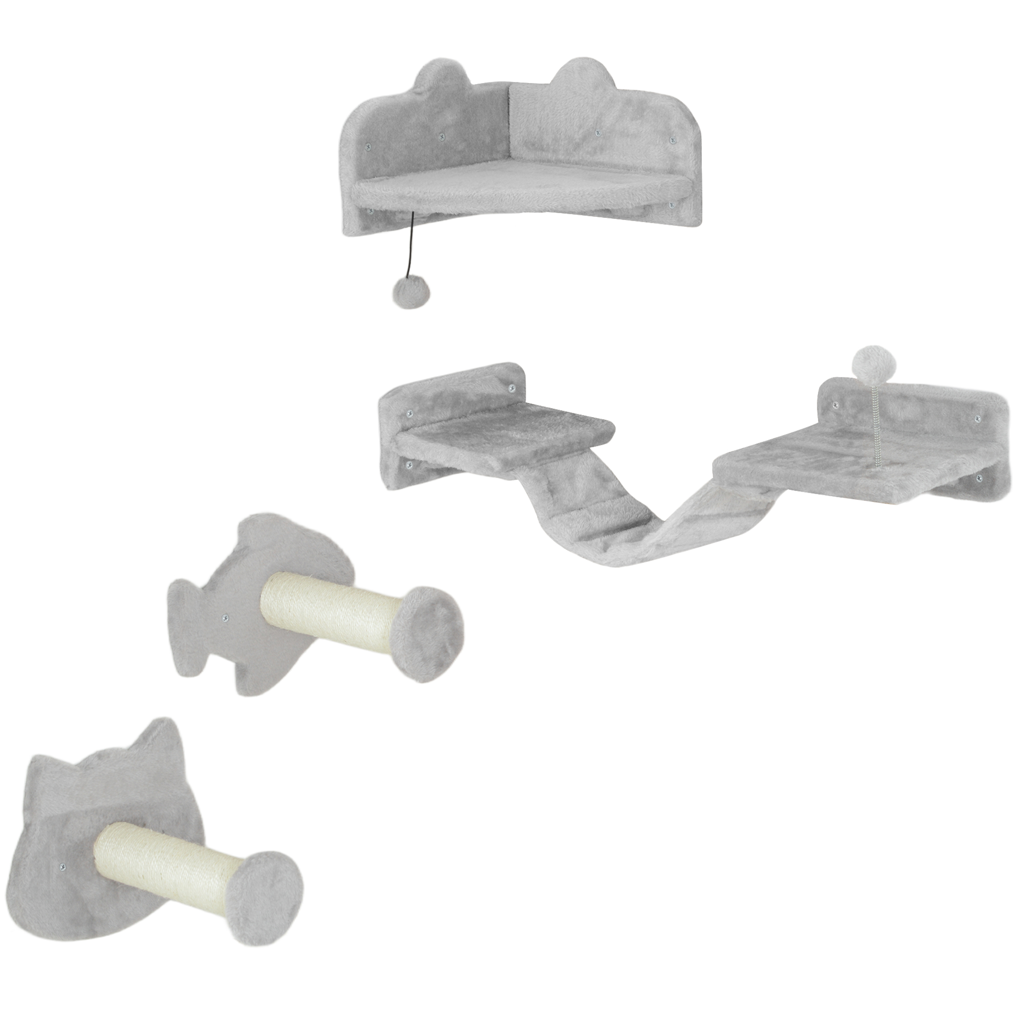 Katzentreppen-Set, 4-teilig, Kratzmöbel mit Sisal-Stufen, doppelter Plattform, Hellgrau/Cremeweiß Katzentreppen-Set, 4-teilig, Kratzmöbel mit Sisal-Stufen, doppelter Plattform, Hellgrau/Cremeweiß