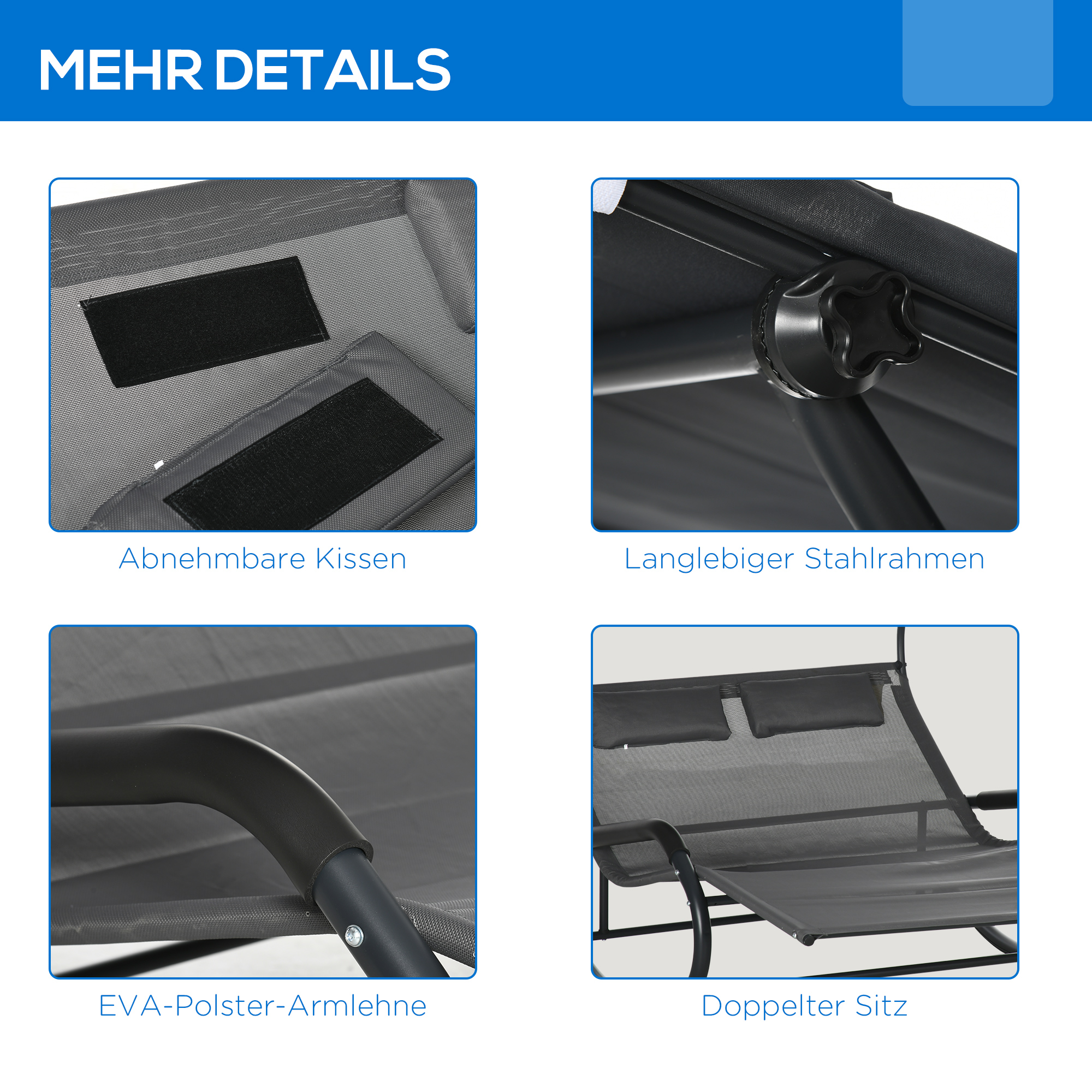 Doppel-Sonnenliege für 2 Personen, inkl. Kissen u. Baldachin, 200 cm x 139 cm x 140 cm, Dunkelgrau