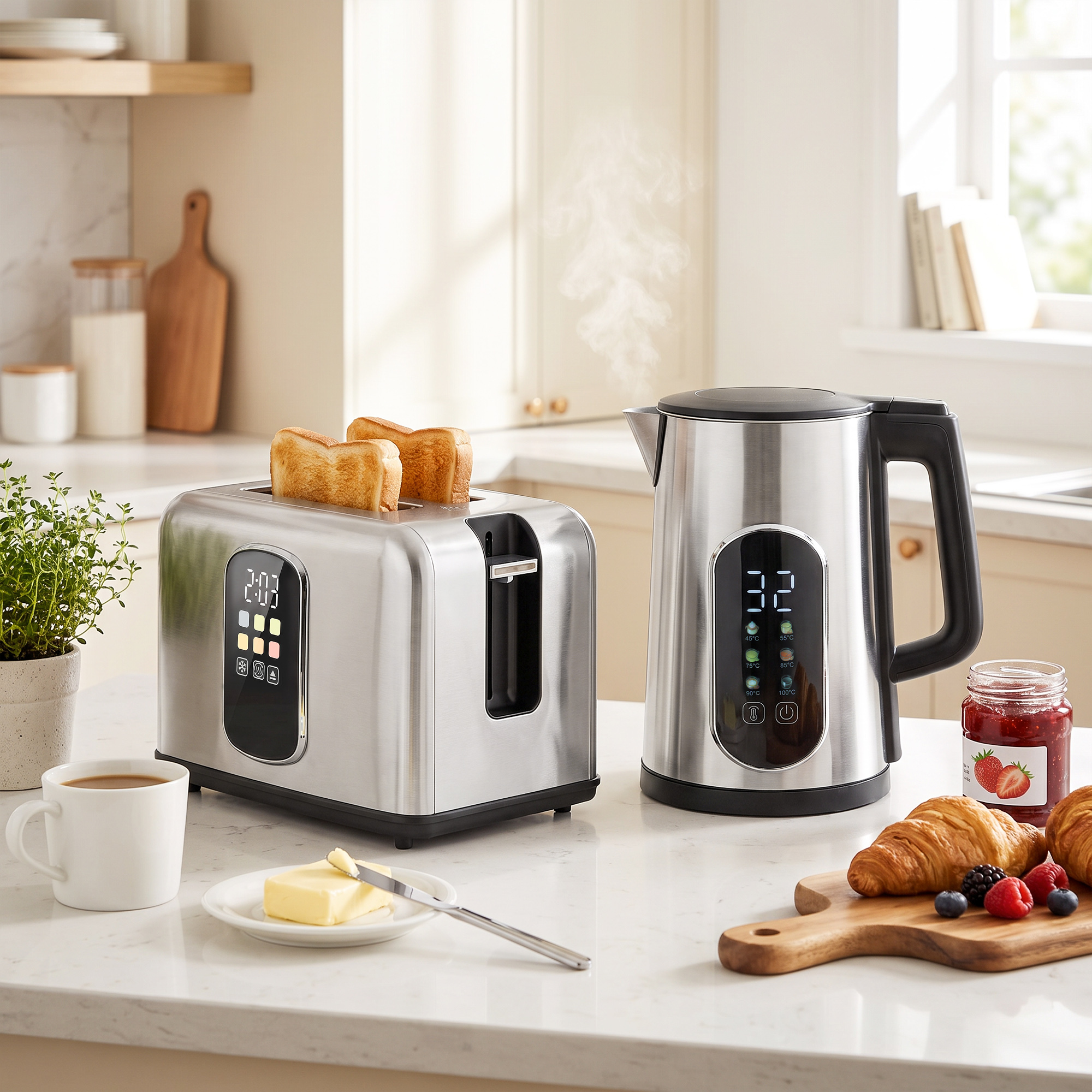 1,5-l-Wasserkocher, 2200 W, mit LED-Touchscreen, 2-Scheiben-Toaster mit 6 Bräunungsstufen, Silber