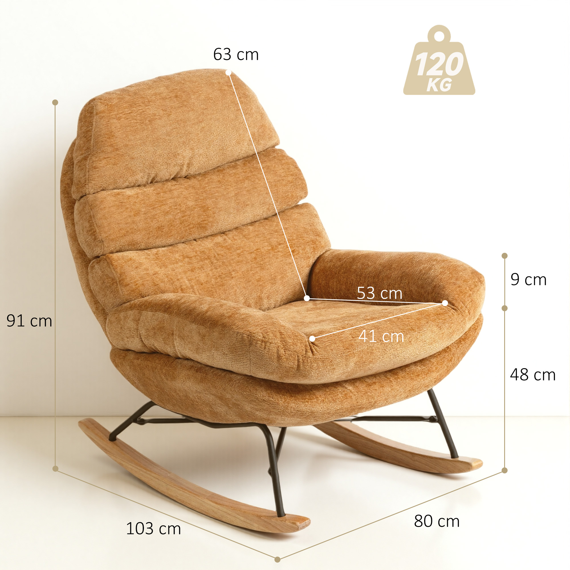 Gepolsterter Schaukelstuhl mit Stahlbeinen und Holzkufen, Gelb