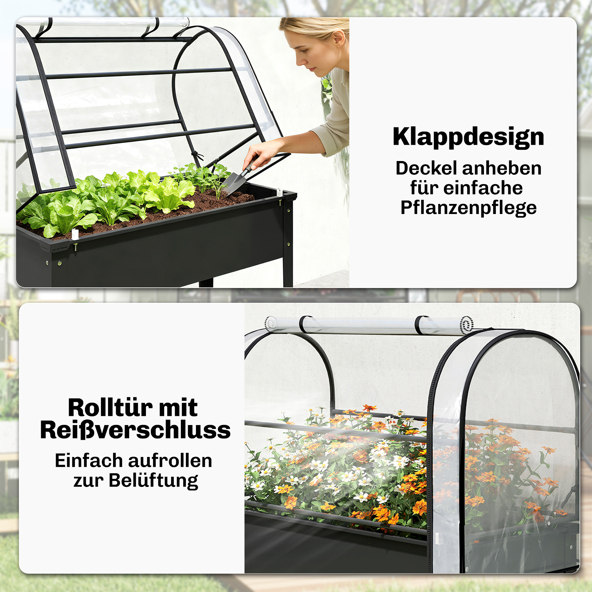 Hochbeet mit Gewächshaus-Aufsatz Pflanzkasten mit aufklappbar Abdeckung Rollbar Reißverschlusstür Abflussloch Schwarz