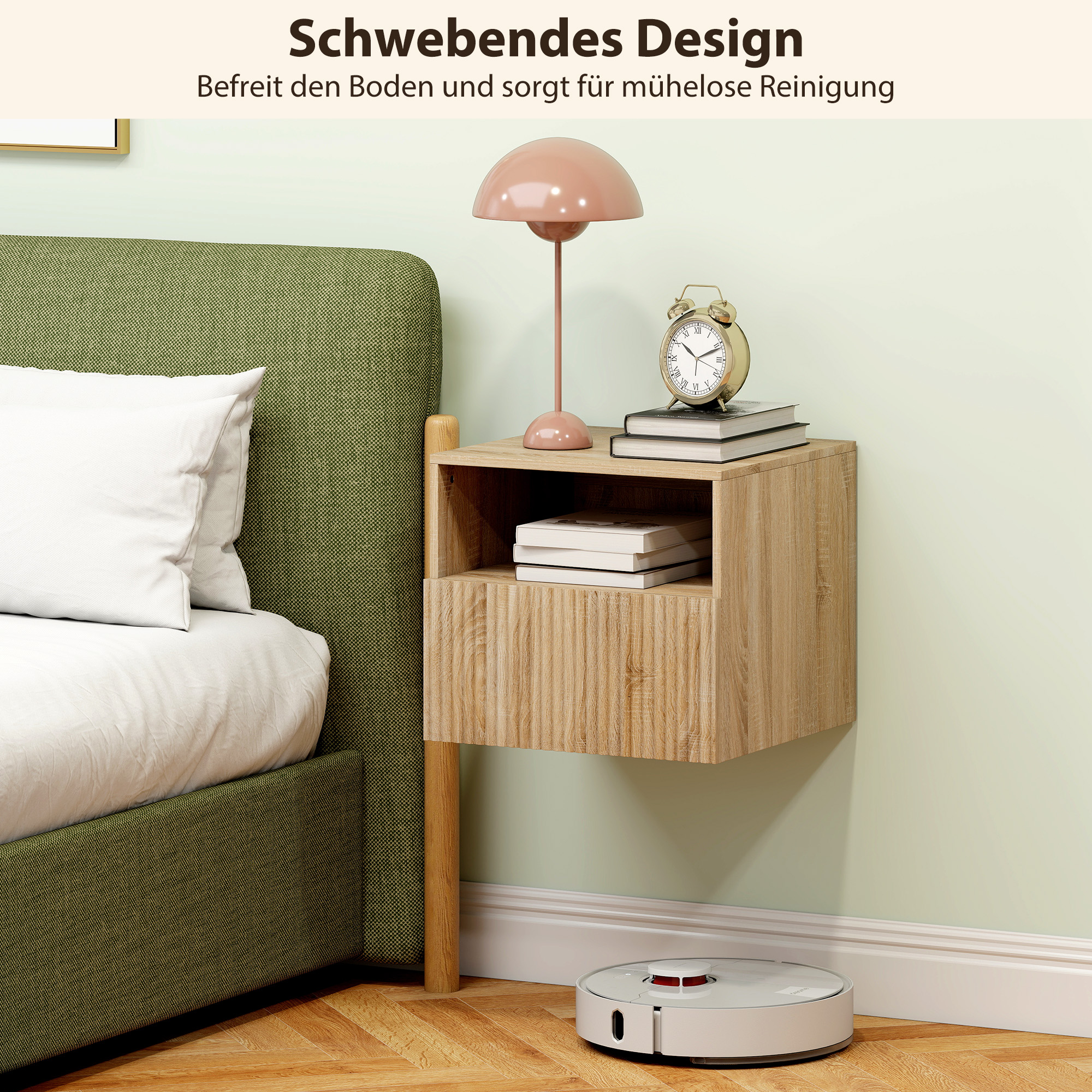 Nachttisch, griffloses Design, offenes Fach, Schublade, Wandmontage, Hellbraun