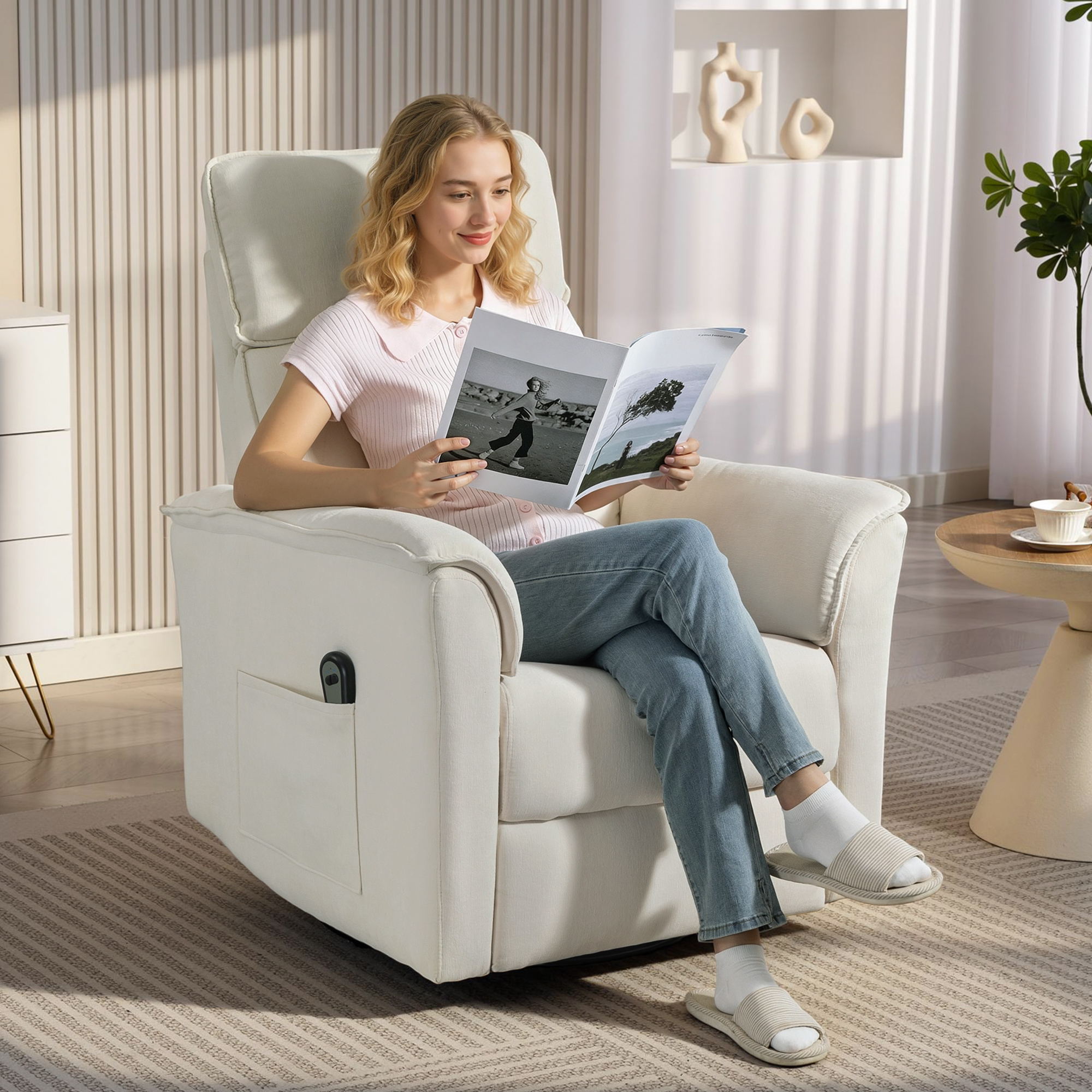 Relaxsessel Elektrisch mit Liegefunktion, Verstellbare Rückenlehne, Kopfstütze für Wohnzimmer Cremeweiß