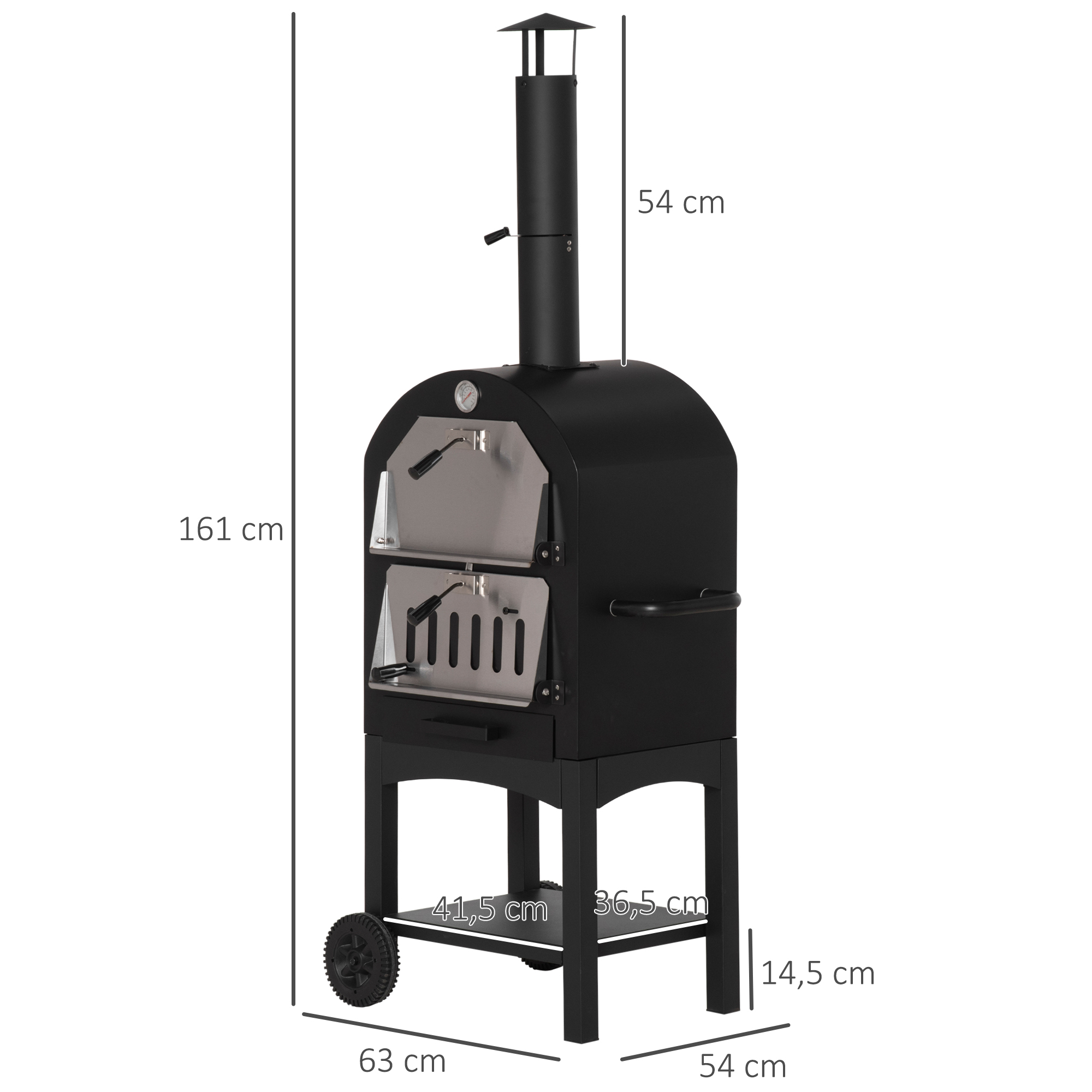 2-In-1 Pizzaofen Outdoor mit Rollen Grillofen mit Schutzhülle Pizzaschaufel 2 Grillnetzen Grillwagen mit Schornstein 3-Tier Holzbackofen für BBQ Stahl Schwarz+Silber 63 x 54 x 161 cm