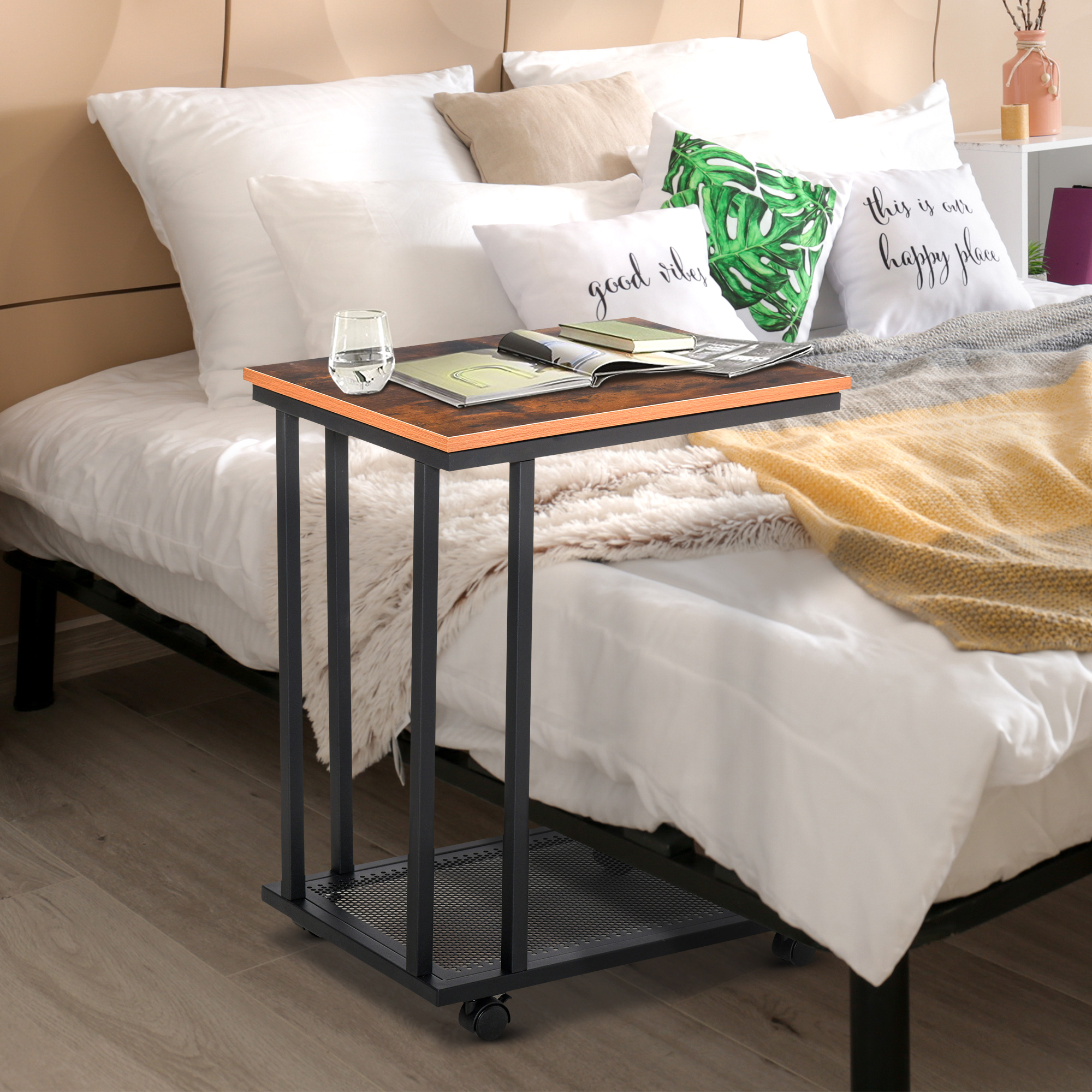 Beistelltisch C-Form Rollwagen Servierwagen Laptoptisch Sofatisch Beistelltisch Nachttisch Betttisch mit Metallgestell Industrie-Design Nachttisch Schwarz + Walnuss gemasert 51 x 36 x 65 cm
