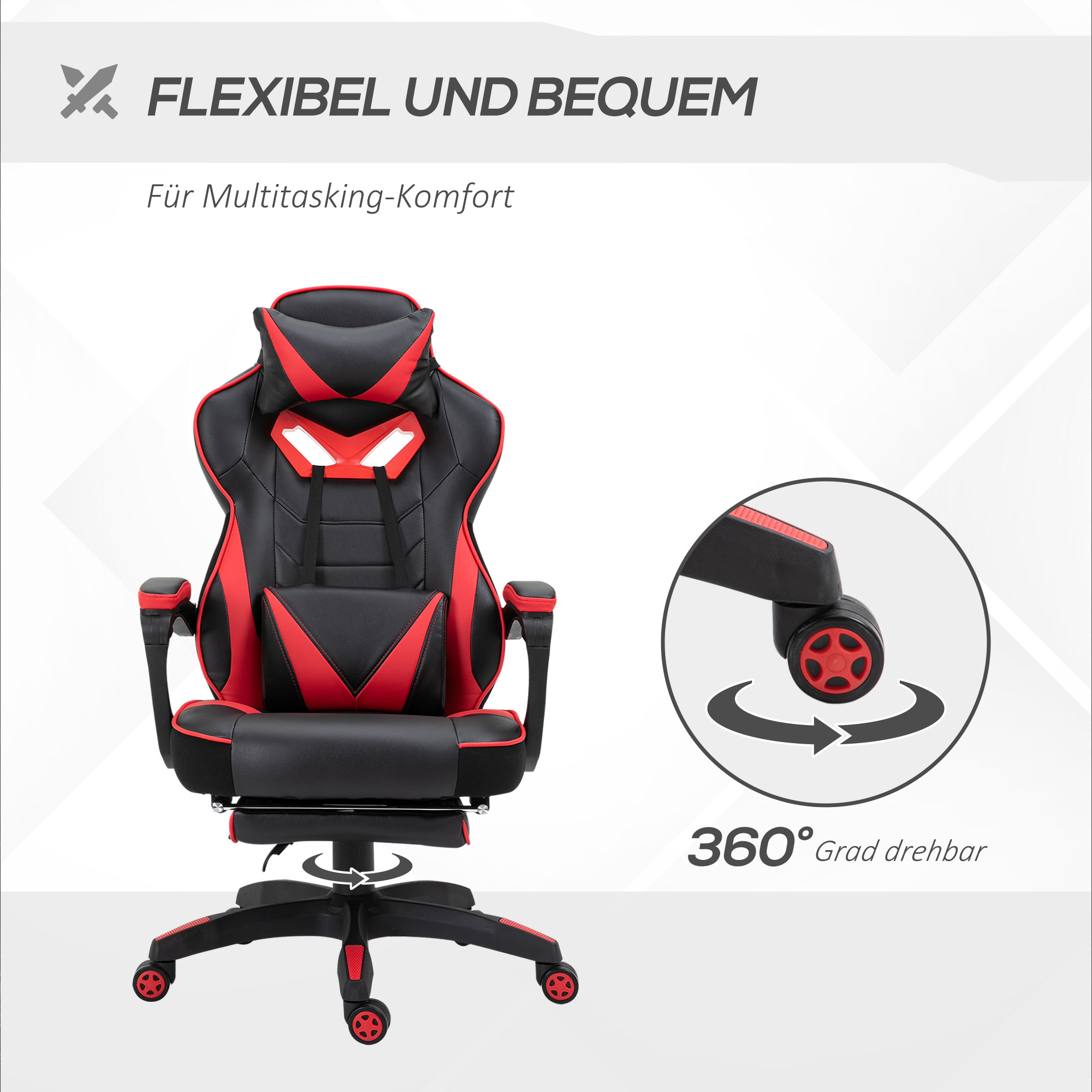 Ergonomischer Bürostuhl, Gaming Stuhl, Drehstuhl mit einziehbare Fußstütze und verstellbarer Rücken Schaumstoff+PU-Leder+Metall, Schwarz+Rot, 65 x 70 x 118,5-128,5 cm