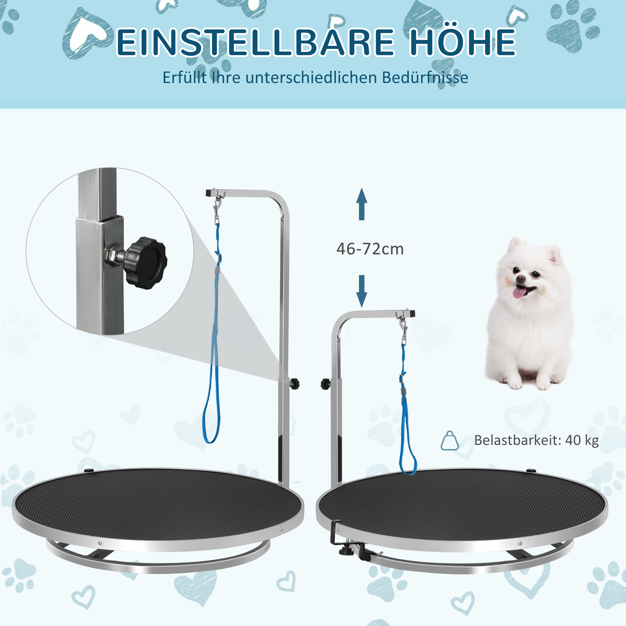 Trimmtisch für Hunde drehbar Hundepflegetisch mit höhenverstellbarem Galgen Schlinge rutschfest Oberfläche Haustierpflegetisch für Haushaltsbaden Haartrocken bis 40 kg Ø65 x 72H cm Schwarz