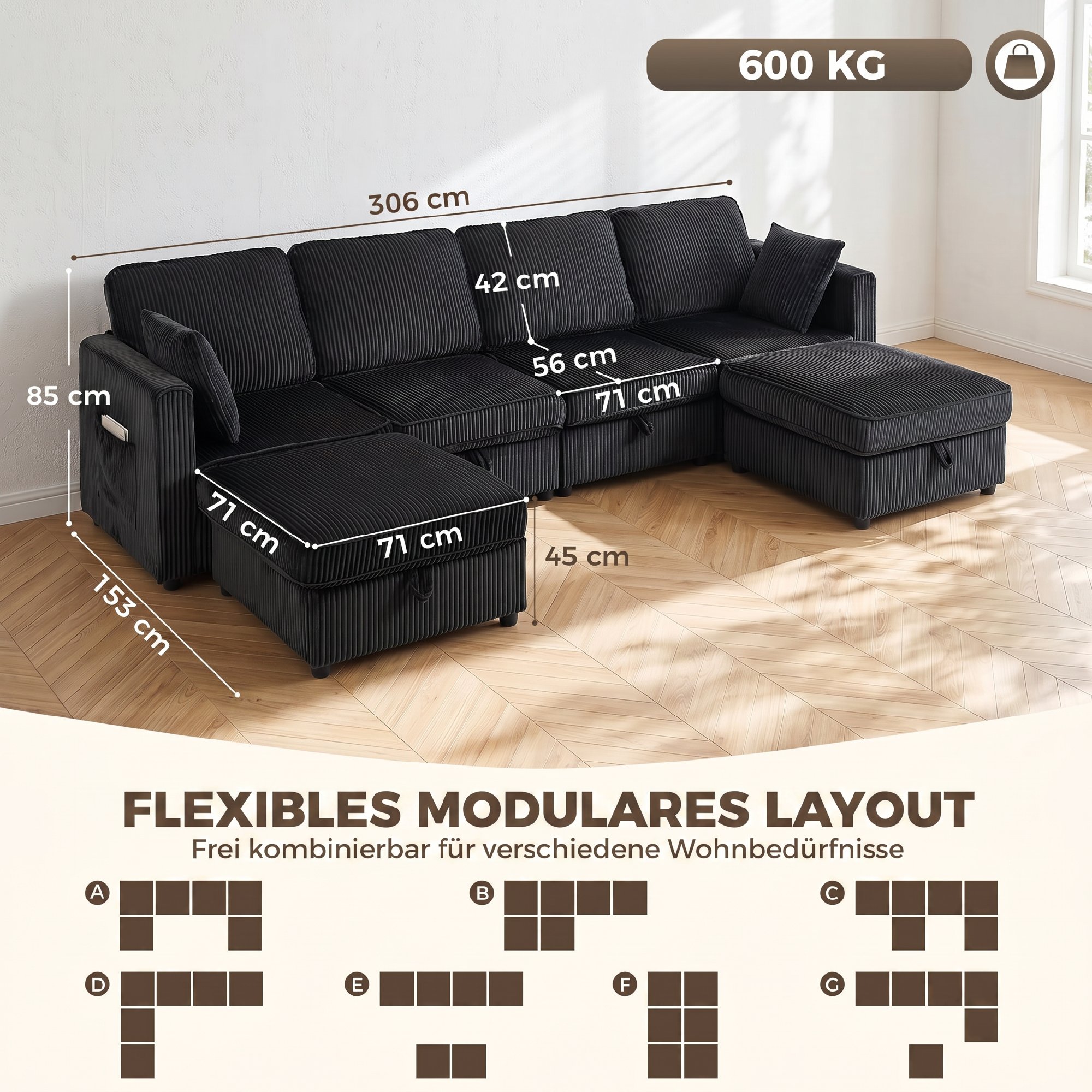 Ecksofa 4-Sitzer U-Form Sofa mit Stauraum-Ottomane, 306 cm Eckcouch mit Cord-Optik, 4 Kissen, für Wohnzimmer