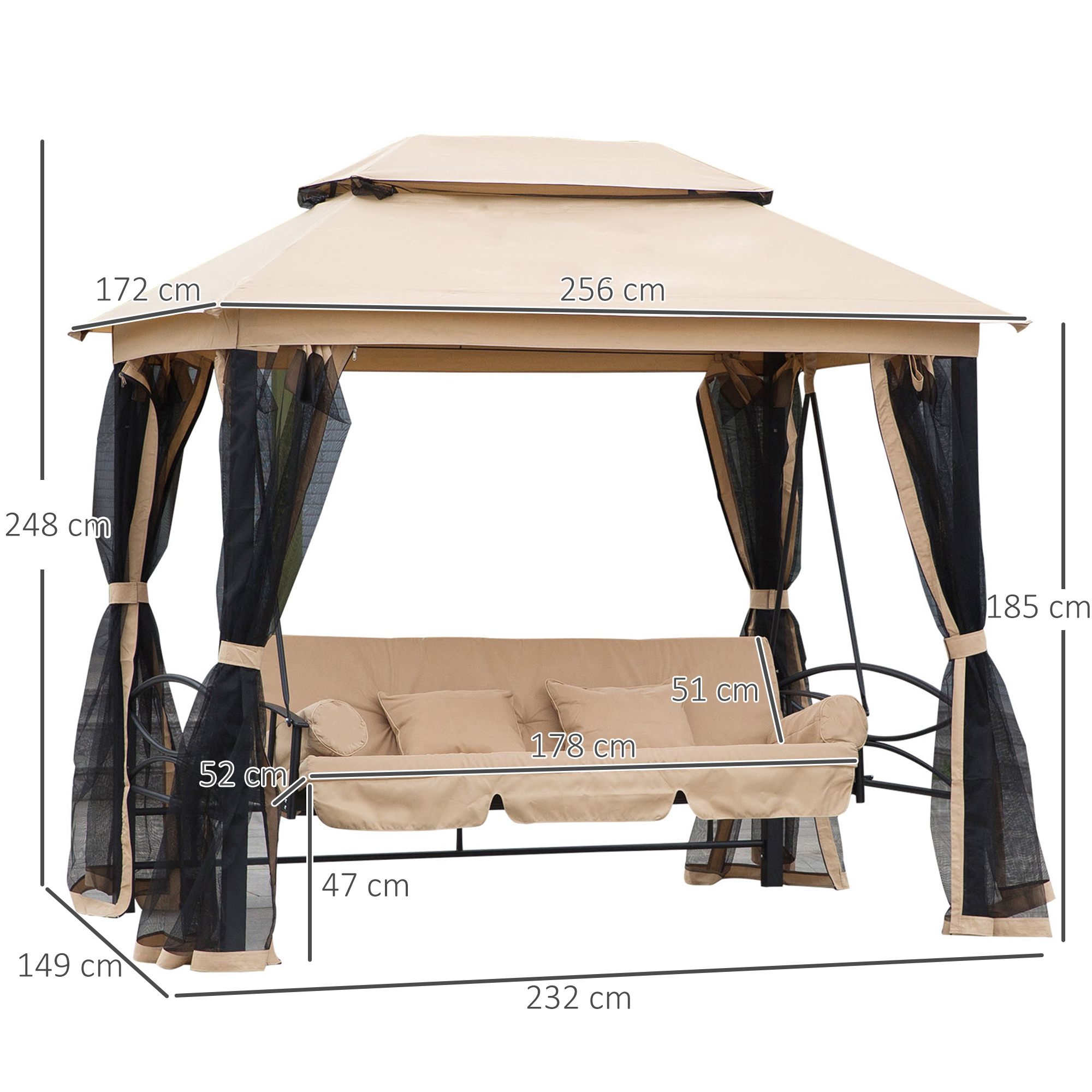 Hollywoodschaukel Gartenschaukel Schaukel mit Seitenwänden 3-Sitzer Beige 256 x 172 x 248 cm