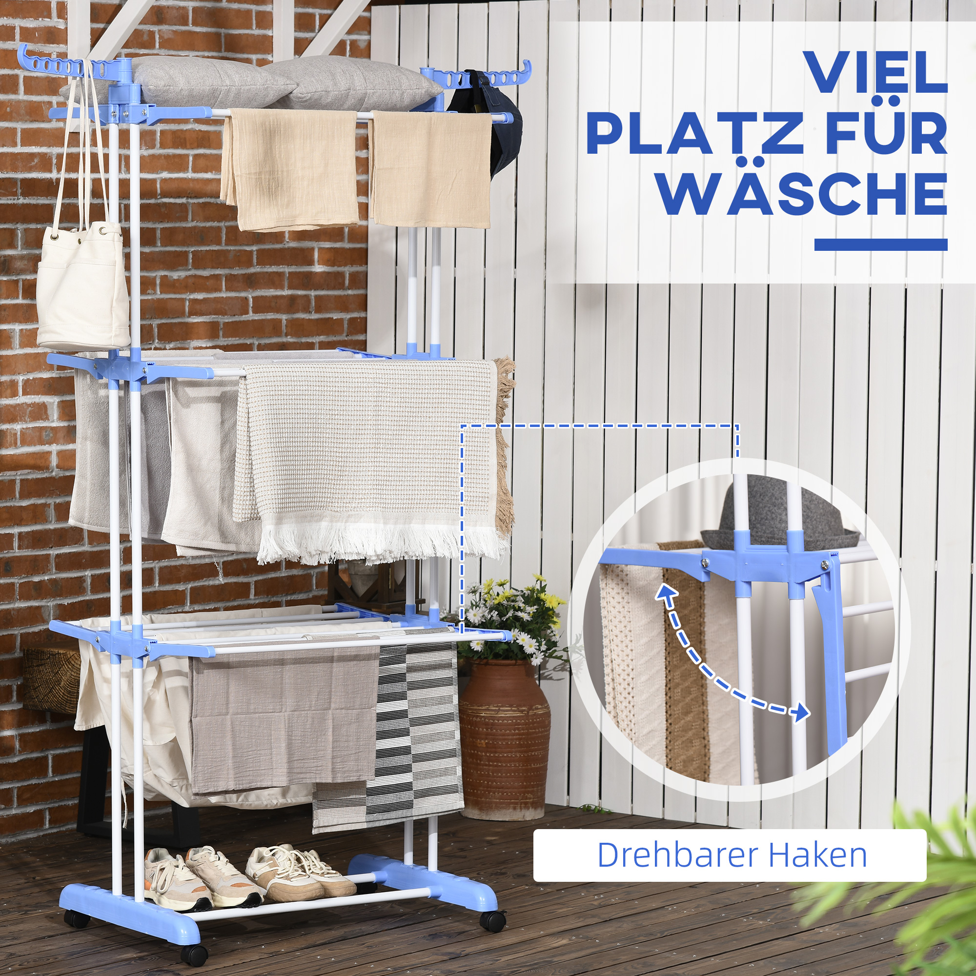Wäscheständer, 4 Ebenen, klappbar, 4 Rollen mit 2 Bremsen, Metallrahmen, Blau+Weiß, 73 x 64 x 177cm