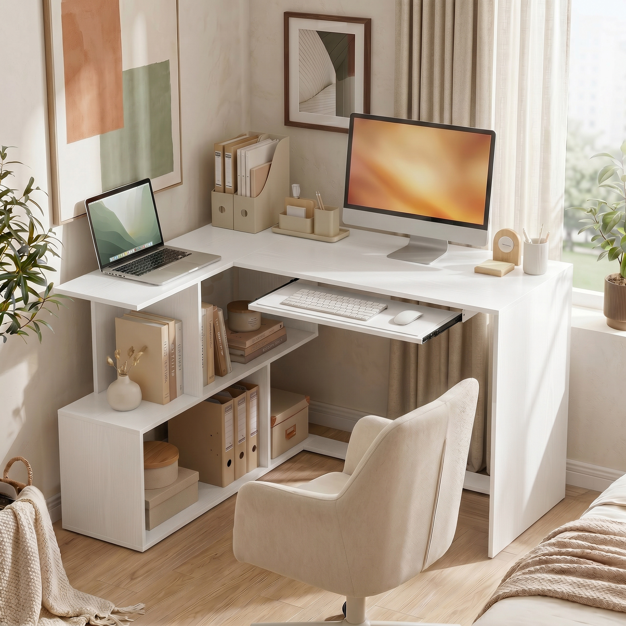 Eckschreibtisch, Computertisch mit Tastaturauszug und offenen Ablagen, weißer Holz-Look