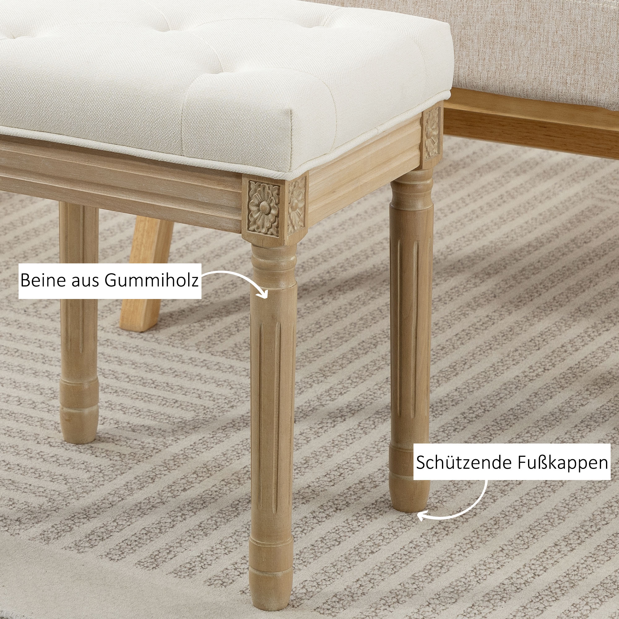 Leinen Sitzhocker, Polsterbank, Fußbank mit gepolstertem Sitz, Holzbeine, 42 x 32 x 46,5 cm, Beige