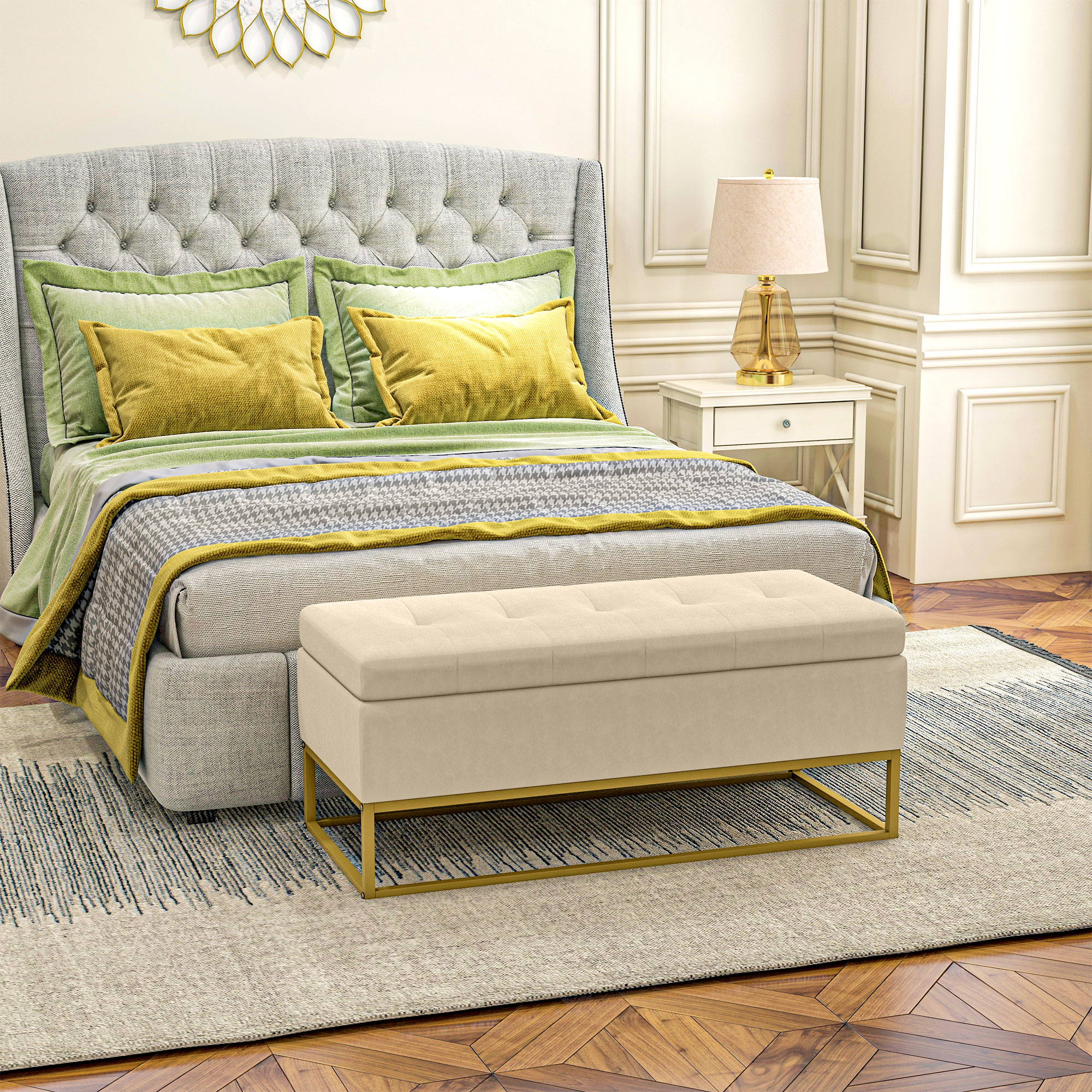 Sitzbank mit Stauraum, dekorative Knopfheftung, Flanelloptik, goldfarbene Stahlbeine, 110 x 47 x 46,5 cm